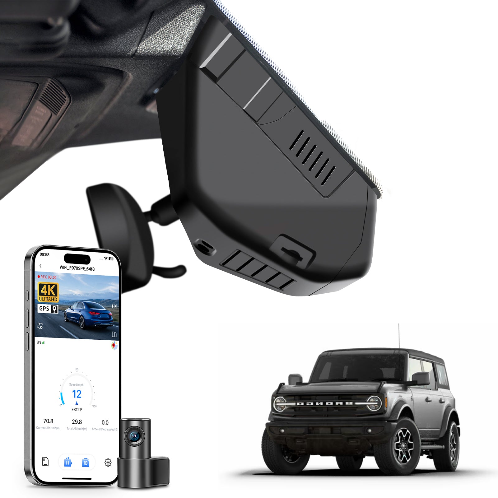 Mangoal 2 channel dash cam with STARVIS sensor, features smartphone app control, front 4K UHD and rear Full HD recording, GPS tracking, and Ford Bronco models in the background.