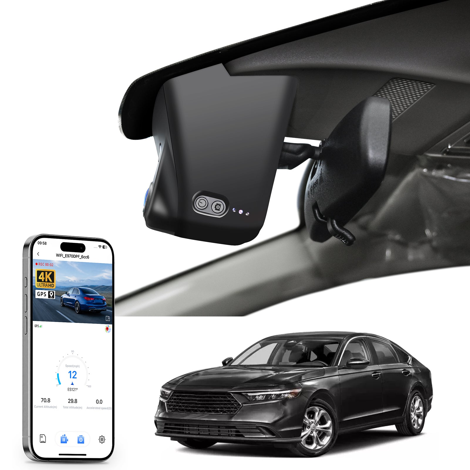 Mangoal 2 channel dash cam with STARVIS sensor, features smartphone app control, front 4K UHD and rear Full HD recording, GPS tracking, and Honda Accord models in the background.
