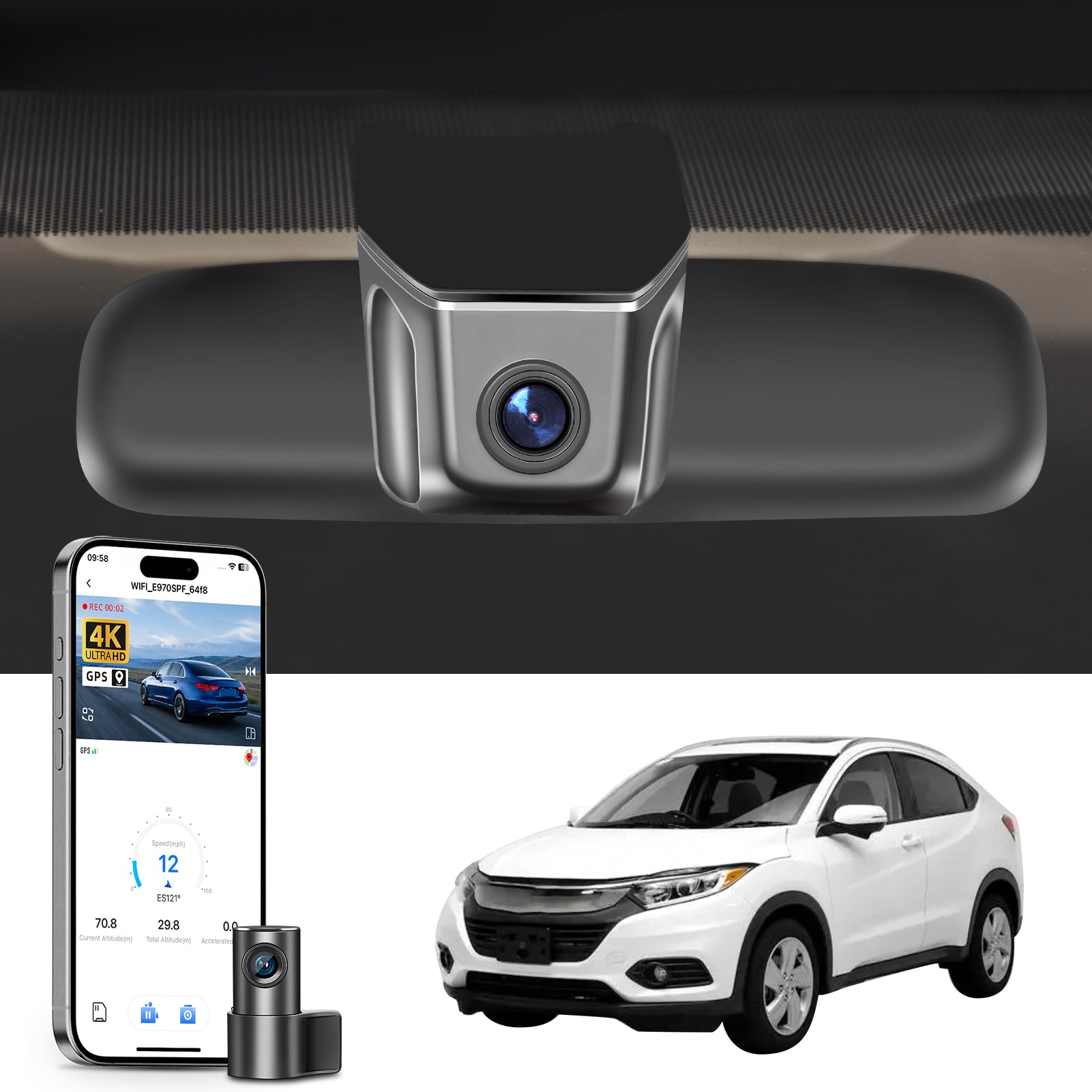 Mangoal 2 channel dash cam with STARVIS sensor, features smartphone app control, front 4K UHD and rear Full HD recording, GPS tracking, and Honda HRV models in the background.