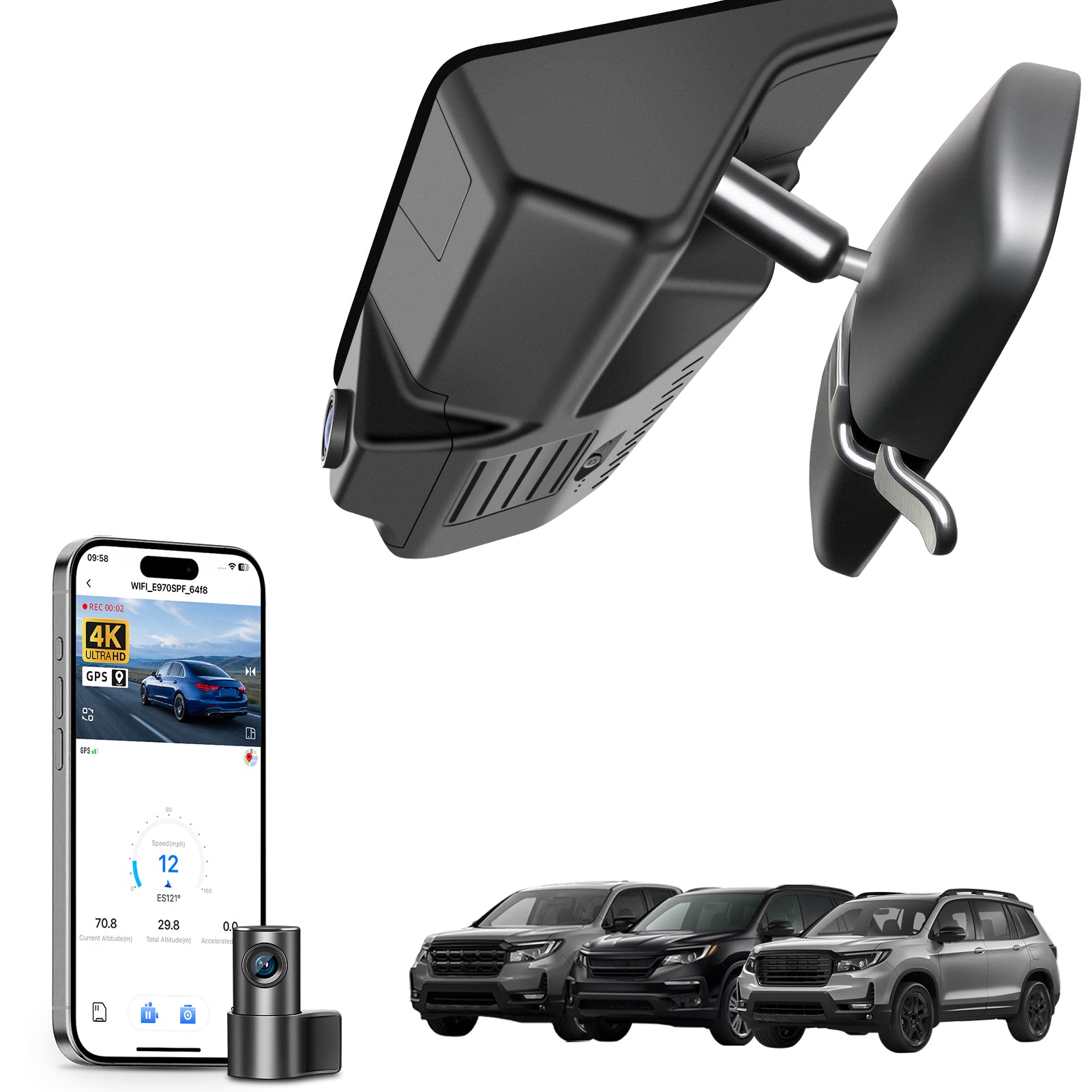 Mangoal 2 channel dash cam with STARVIS sensor, features smartphone app control, front 4K UHD and rear Full HD recording, GPS tracking, and Honda models in the background.