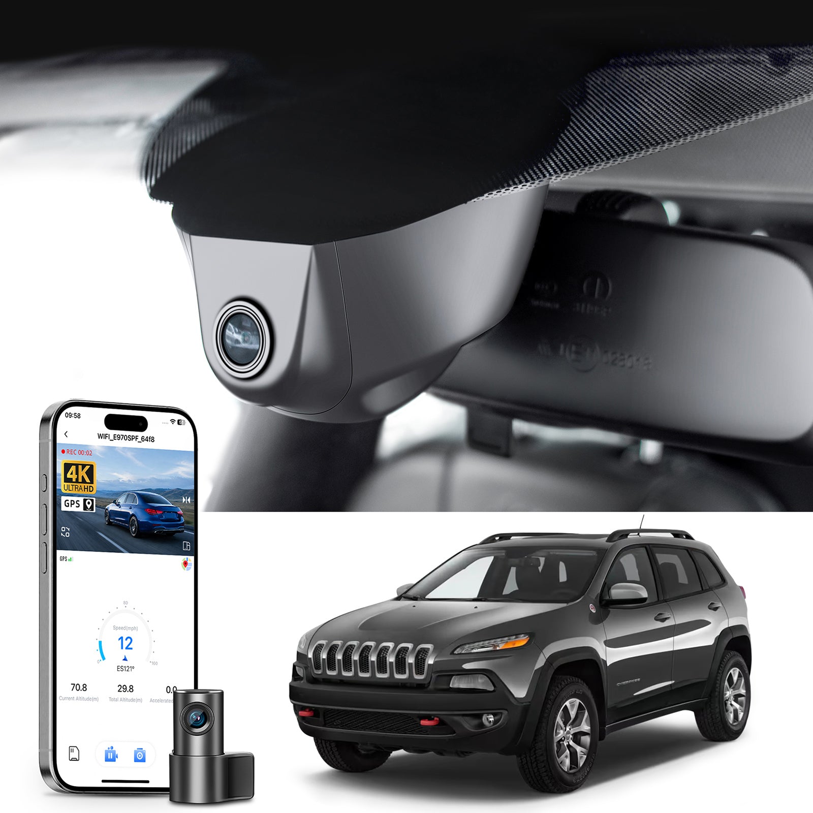 Mangoal 2 channel dash cam with STARVIS sensor, features smartphone app control, front 4K UHD and rear Full HD recording, GPS tracking, and Jeep Cherokee models in the background.