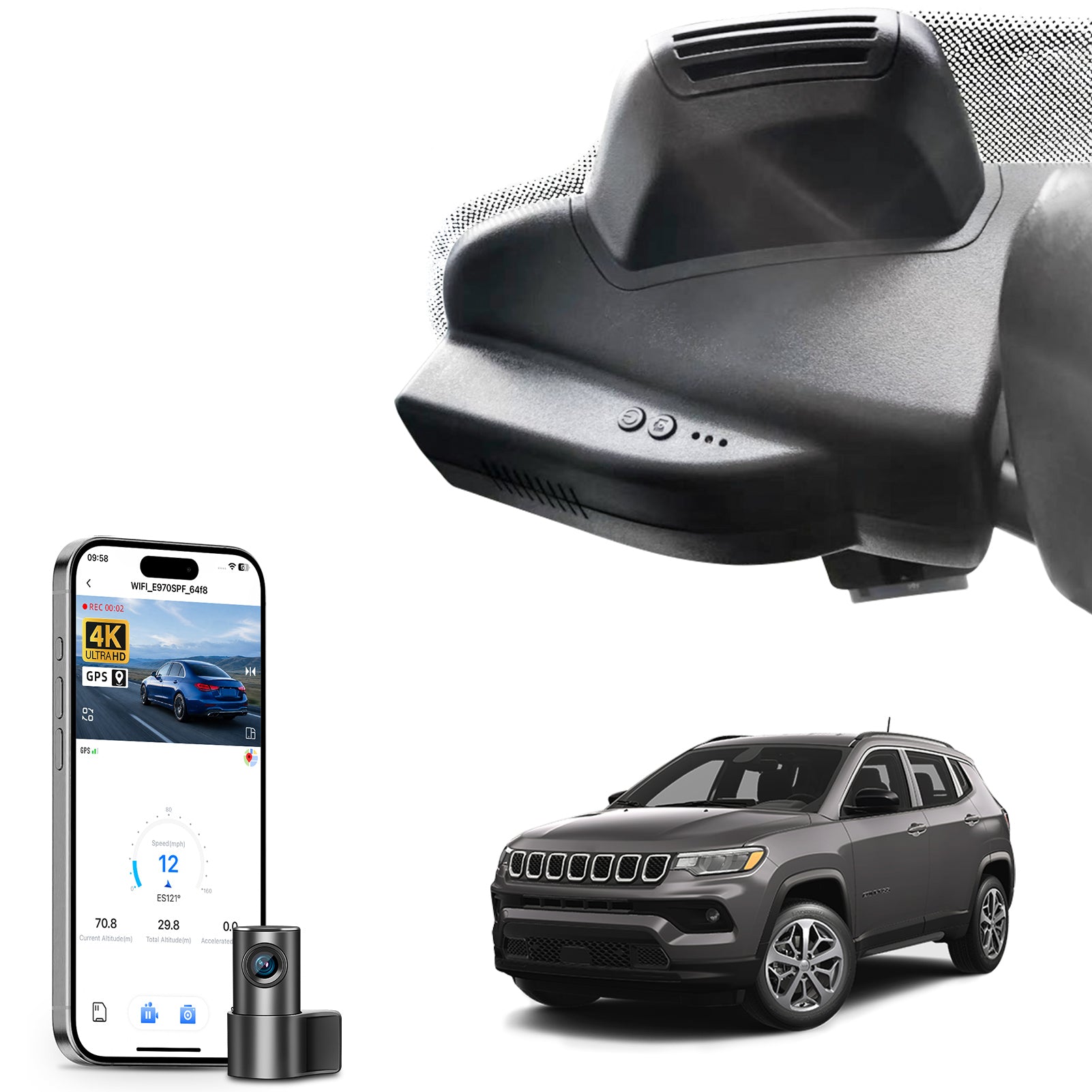 Mangoal 2 channel dash cam with STARVIS sensor, features smartphone app control, front 4K UHD and rear Full HD recording, GPS tracking, and Jeep Compass models in the background.