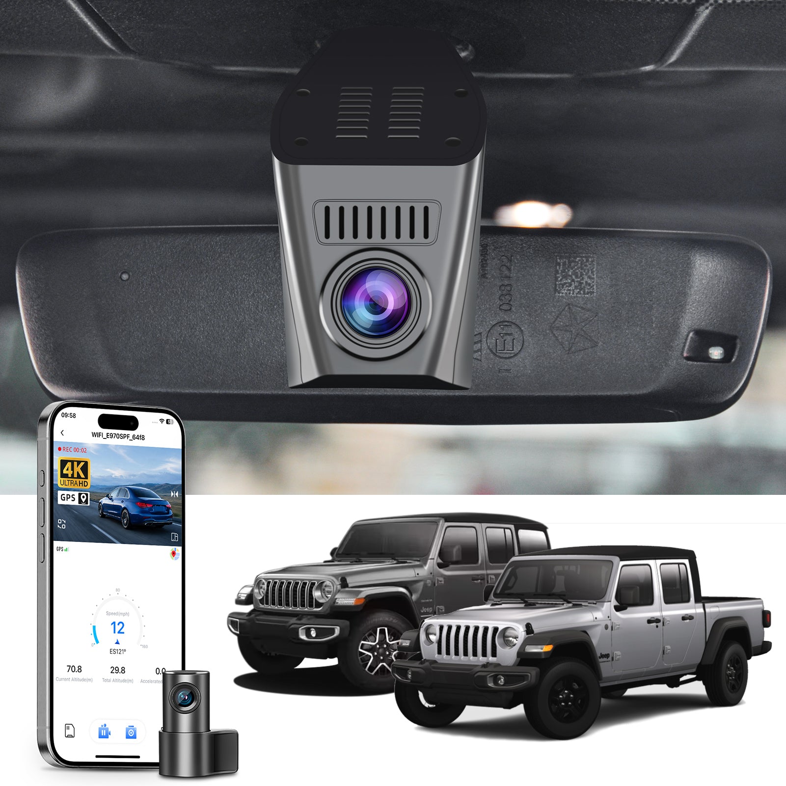 Mangoal 2 channel dash cam with STARVIS sensor, features smartphone app control, front 4K UHD and rear Full HD recording, GPS tracking, and Jeep Wrangler-Gladiator models in the background.