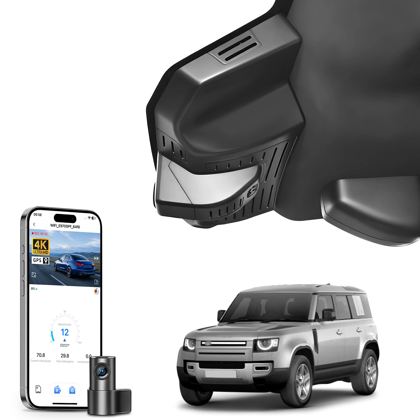 Mangoal 2 channel dash cam with STARVIS sensor, features smartphone app control, front 4K UHD and rear Full HD recording, GPS tracking, and Land Rover Defender models in the background.
