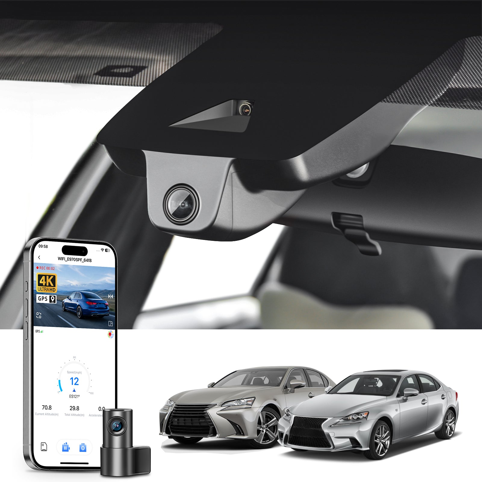 Mangoal 2 channel dash cam with STARVIS sensor, features smartphone app control, front 4K UHD and rear Full HD recording, GPS tracking, and Lexus ES models in the background.