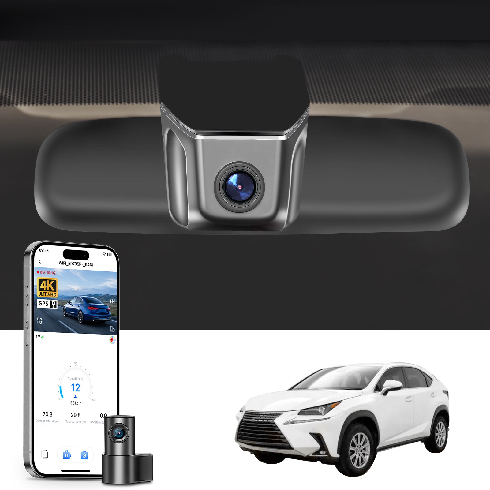 Mangoal 2 channel dash cam with STARVIS sensor, features smartphone app control, front 4K UHD and rear Full HD recording, GPS tracking, and Lexus NX models in the background.