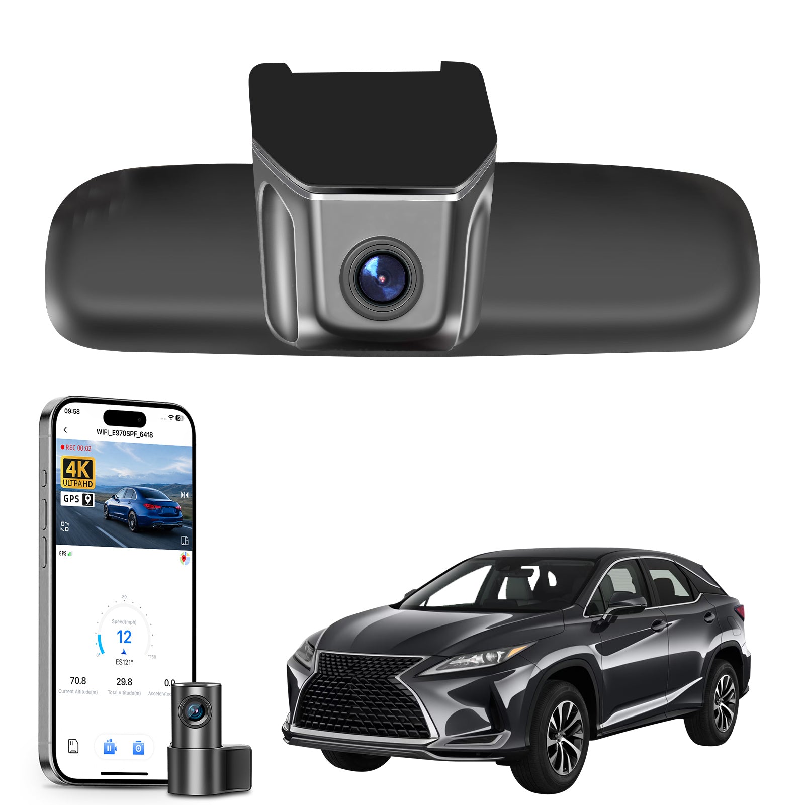 Mangoal 2 channel dash cam with STARVIS sensor, features smartphone app control, front 4K UHD and rear Full HD recording, GPS tracking, and Lexus RX models in the background.