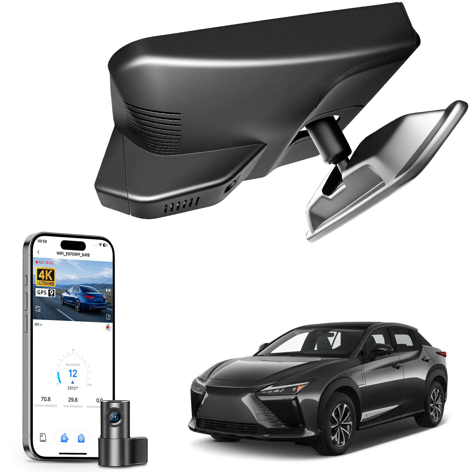 Mangoal 2 channel dash cam with STARVIS sensor, features smartphone app control, front 4K UHD and rear Full HD recording, GPS tracking, and Lexus RZ models in the background.
