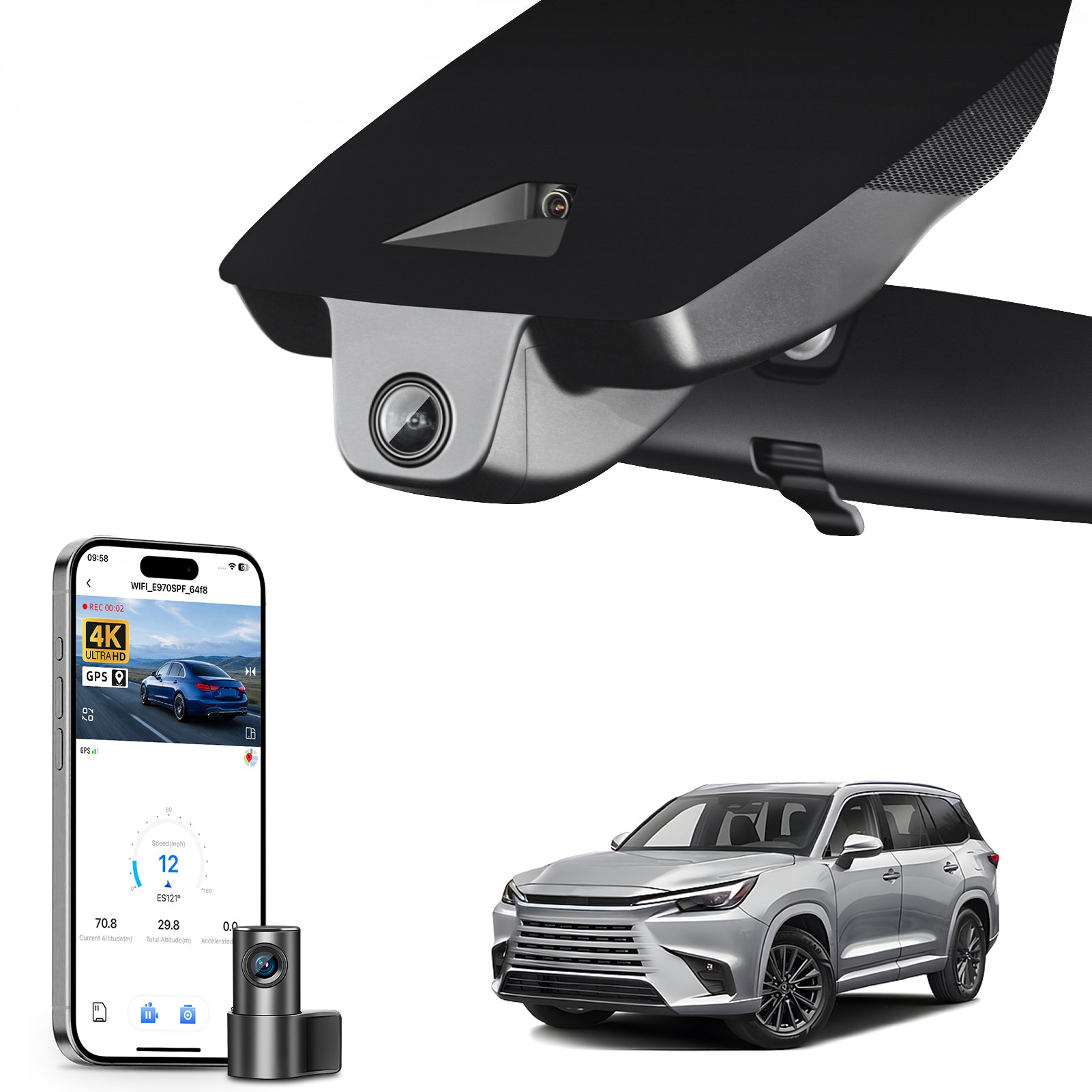 Mangoal 2 channel dash cam with STARVIS sensor, features smartphone app control, front 4K UHD and rear Full HD recording, GPS tracking, and Lexus TX models in the background.