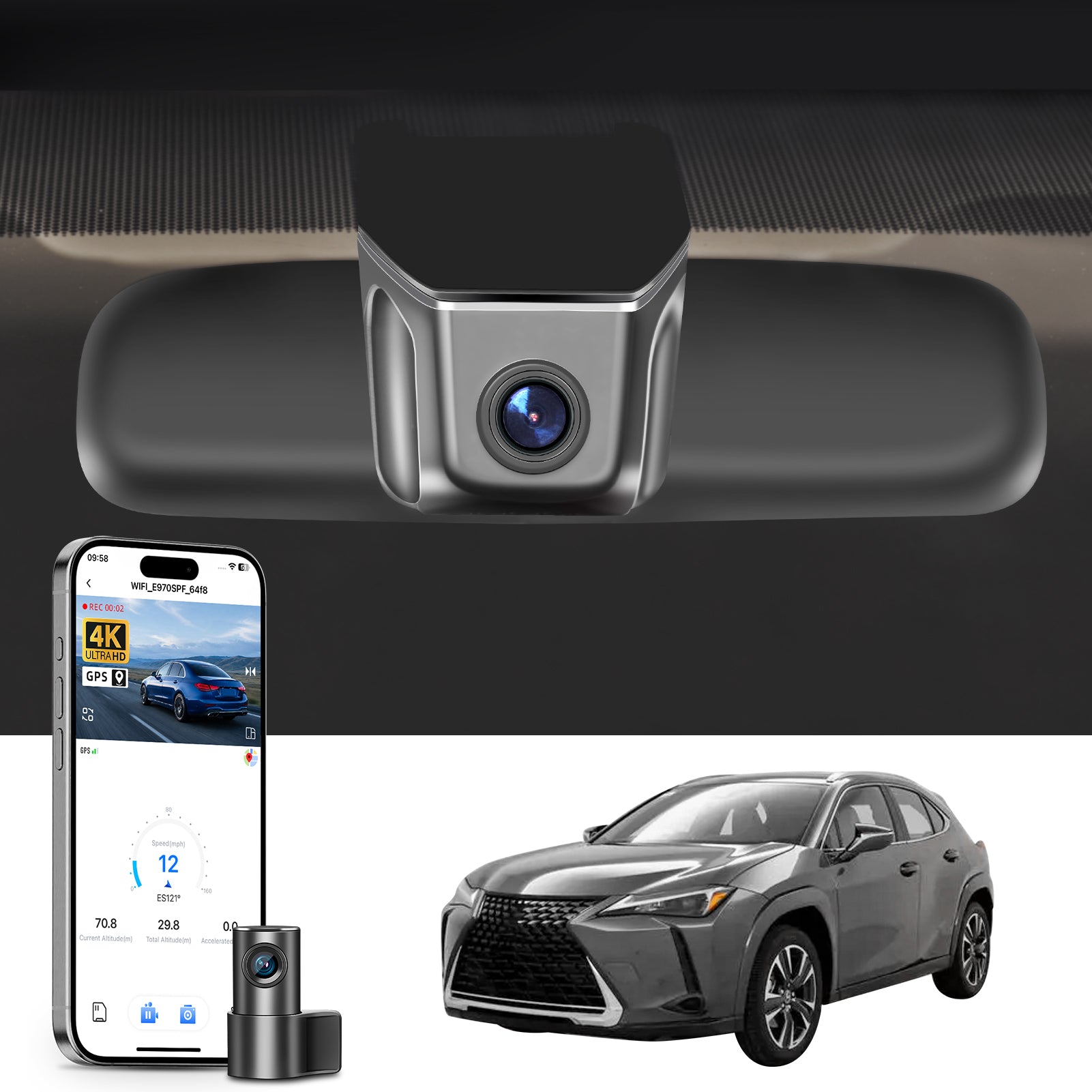 Mangoal 2 channel dash cam with STARVIS sensor, features smartphone app control, front 4K UHD and rear Full HD recording, GPS tracking, and Lexus UX models in the background.