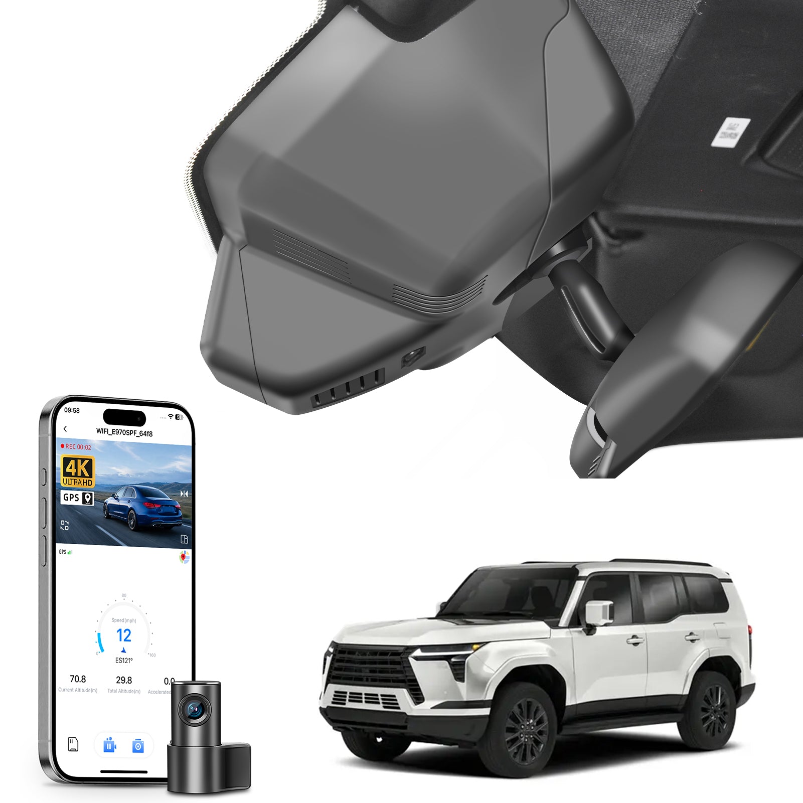 Mangoal 2 channel dash cam with STARVIS sensor, features smartphone app control, front 4K UHD and rear Full HD recording, GPS tracking, and Lexus GX550 models in the background.