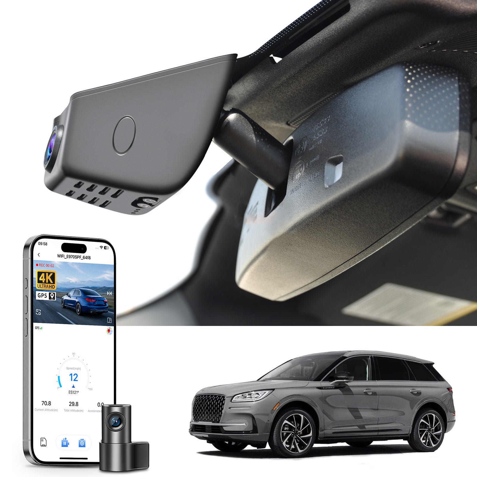 Mangoal 2 channel dash cam with STARVIS sensor, features smartphone app control, front 4K UHD and rear Full HD recording, GPS tracking, and Lincoln Corsair models in the background.