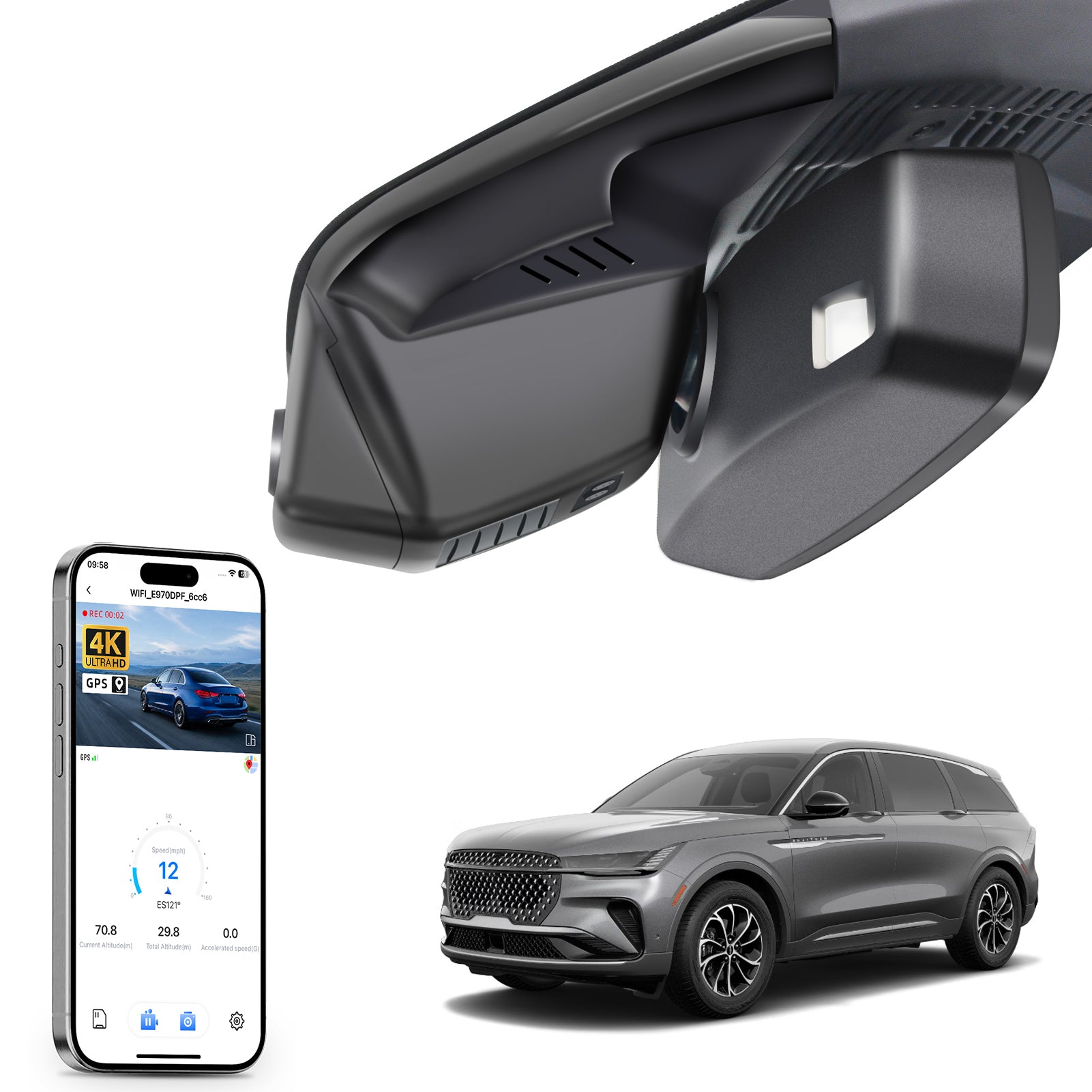 Mangoal 2 channel dash cam with STARVIS sensor, features smartphone app control, front 4K UHD and rear Full HD recording, GPS tracking, and Lincoln Nautilus models in the background.