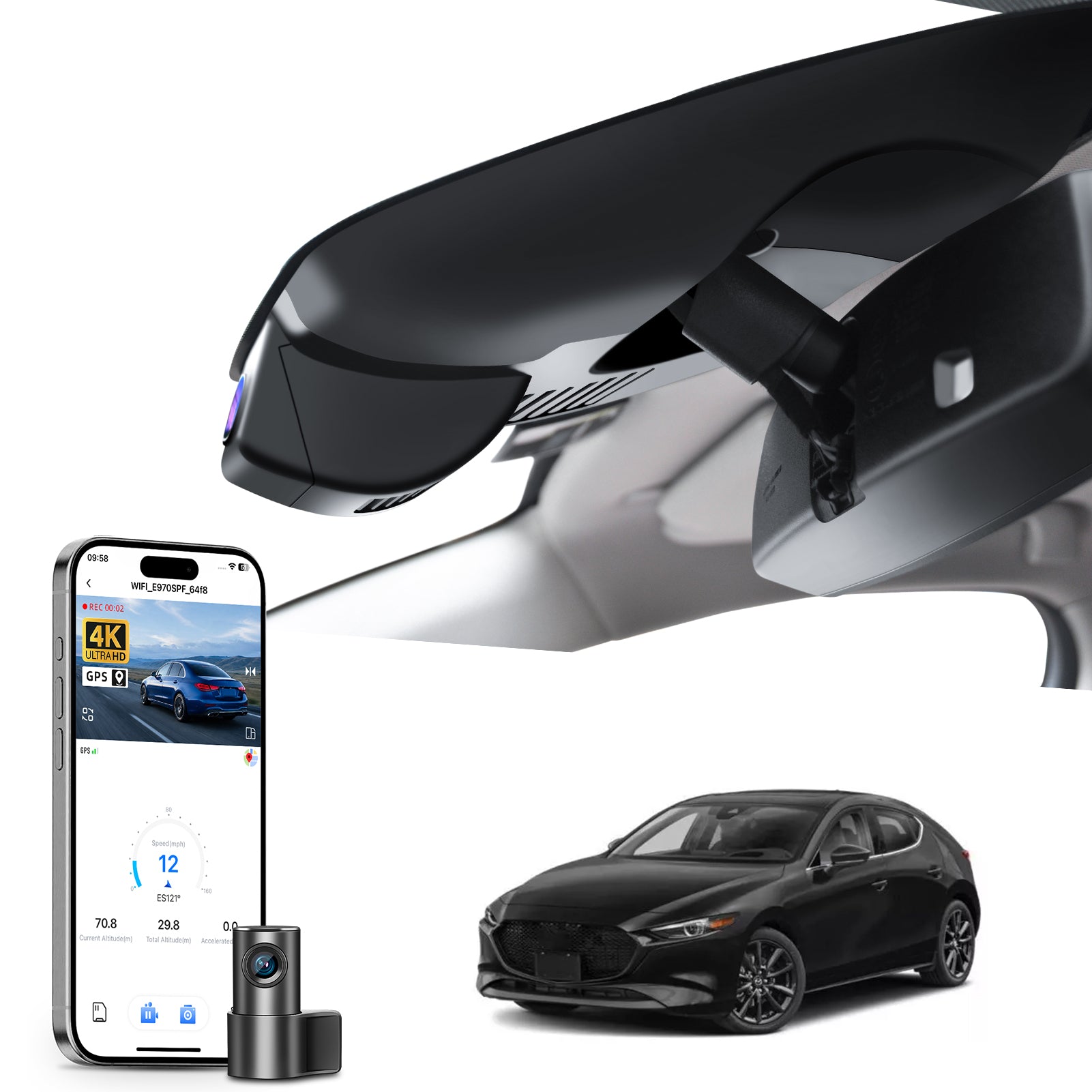 Mangoal 2 channel dash cam with STARVIS sensor, features smartphone app control, front 4K UHD and rear Full HD recording, GPS tracking, and Mazda 3 models in the background.