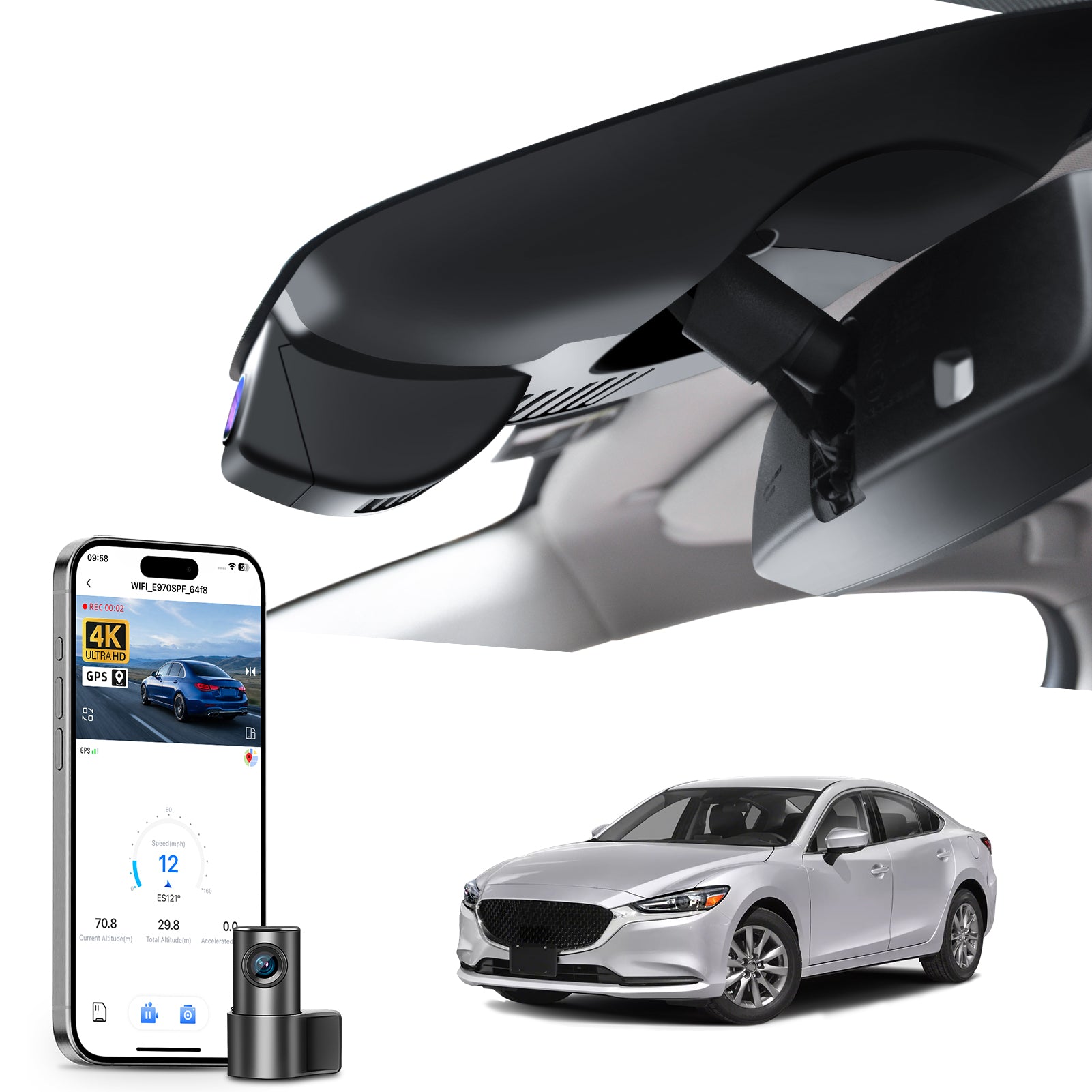 Mangoal 2 channel dash cam with STARVIS sensor, features smartphone app control, front 4K UHD and rear Full HD recording, GPS tracking, and Mazda 6 models in the background