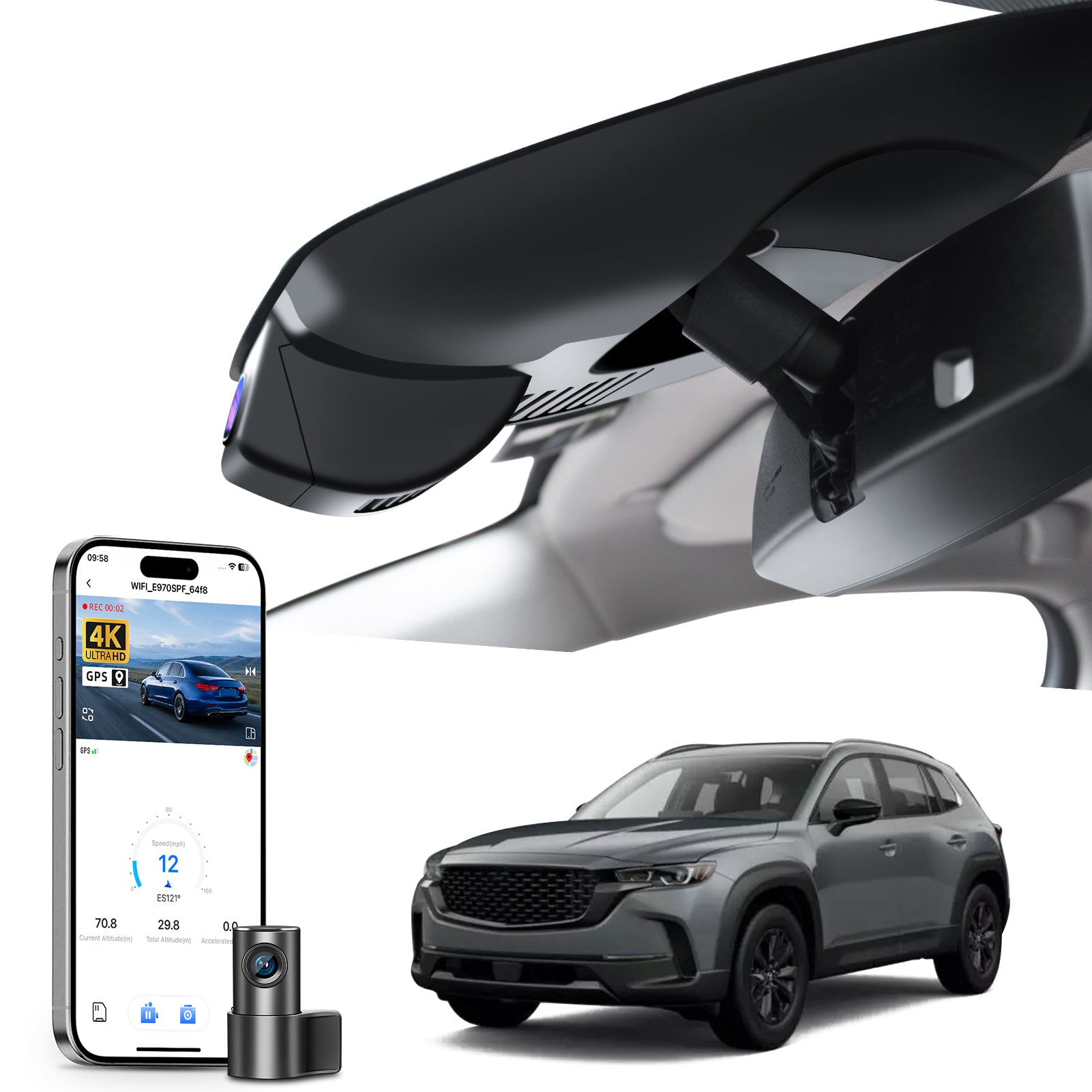 Mangoal 2 channel dash cam with STARVIS sensor, features smartphone app control, front 4K UHD and rear Full HD recording, GPS tracking, and Mazda CX-50 models in the background.