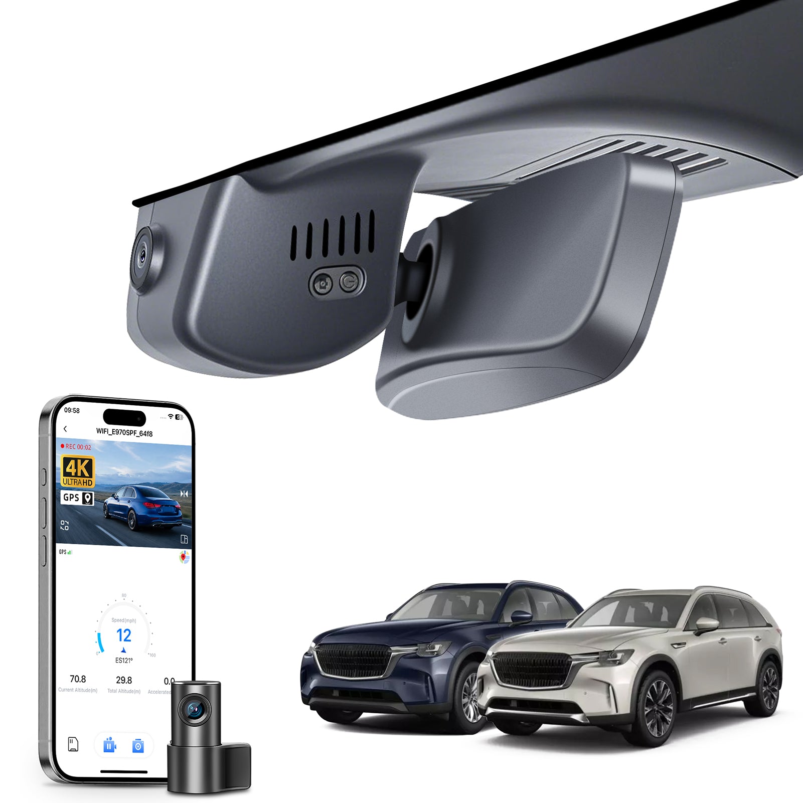 Mangoal 2 channel dash cam with STARVIS sensor, features smartphone app control, front 4K UHD and rear Full HD recording, GPS tracking, and Mazda CX-90 models in the background.