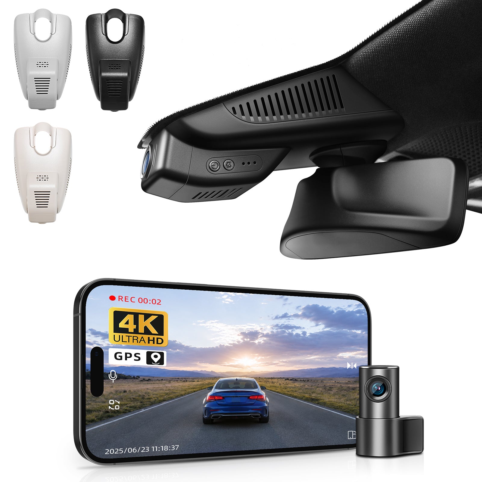 Mangoal 2 channel dash cam with STARVIS sensor, features smartphone app control, front 4K UHD and rear Full HD recording, GPS tracking, and Mercedes-Benz C-Class in the background.