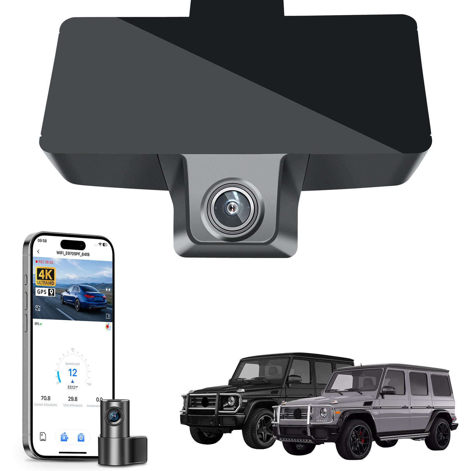 Mangoal 2 channel dash cam with STARVIS sensor, features smartphone app control, front 4K UHD and rear Full HD recording, GPS tracking, and Mercedes-Benz G-Class in the background.