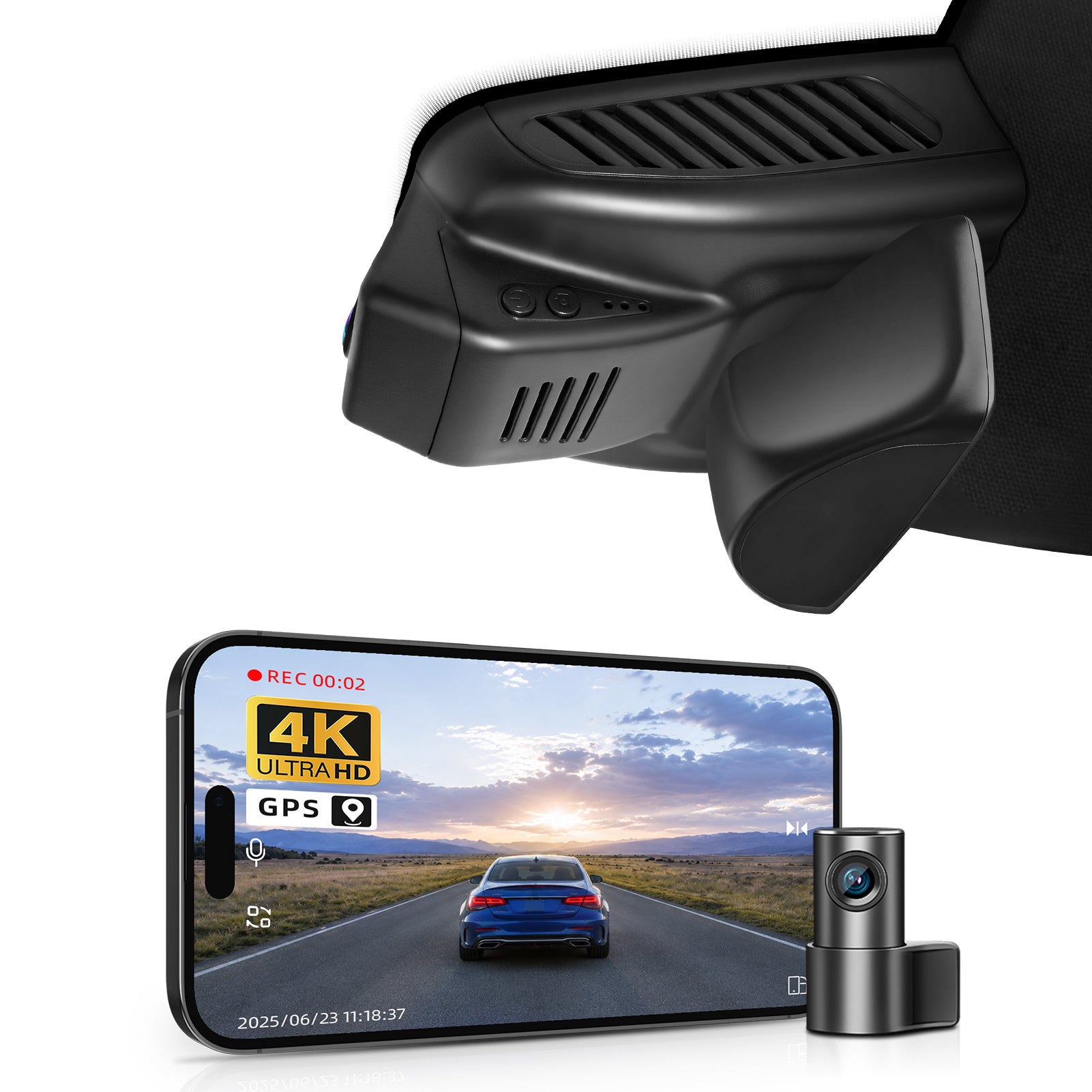 Mangoal 2 channel dash cam with STARVIS sensor, features smartphone app control, front 4K UHD and rear Full HD recording, GPS tracking, and Mercedes-Benz GLB in the background.