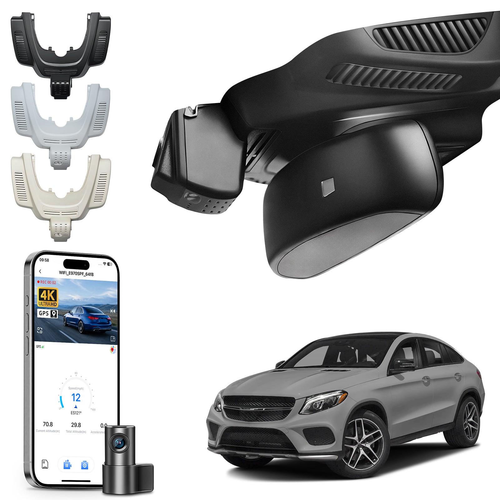 Mangoal 2 channel dash cam with STARVIS sensor, features smartphone app control, front 4K UHD and rear Full HD recording, GPS tracking, and Mercedes-Benz GLE in the background.