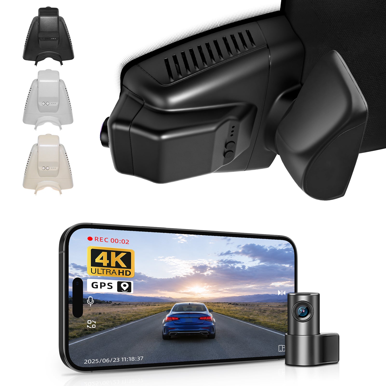 Mangoal 2 channel dash cam with STARVIS sensor, features smartphone app control, front 4K UHD and rear Full HD recording, GPS tracking, and Mercedes-Benz GLK in the background.