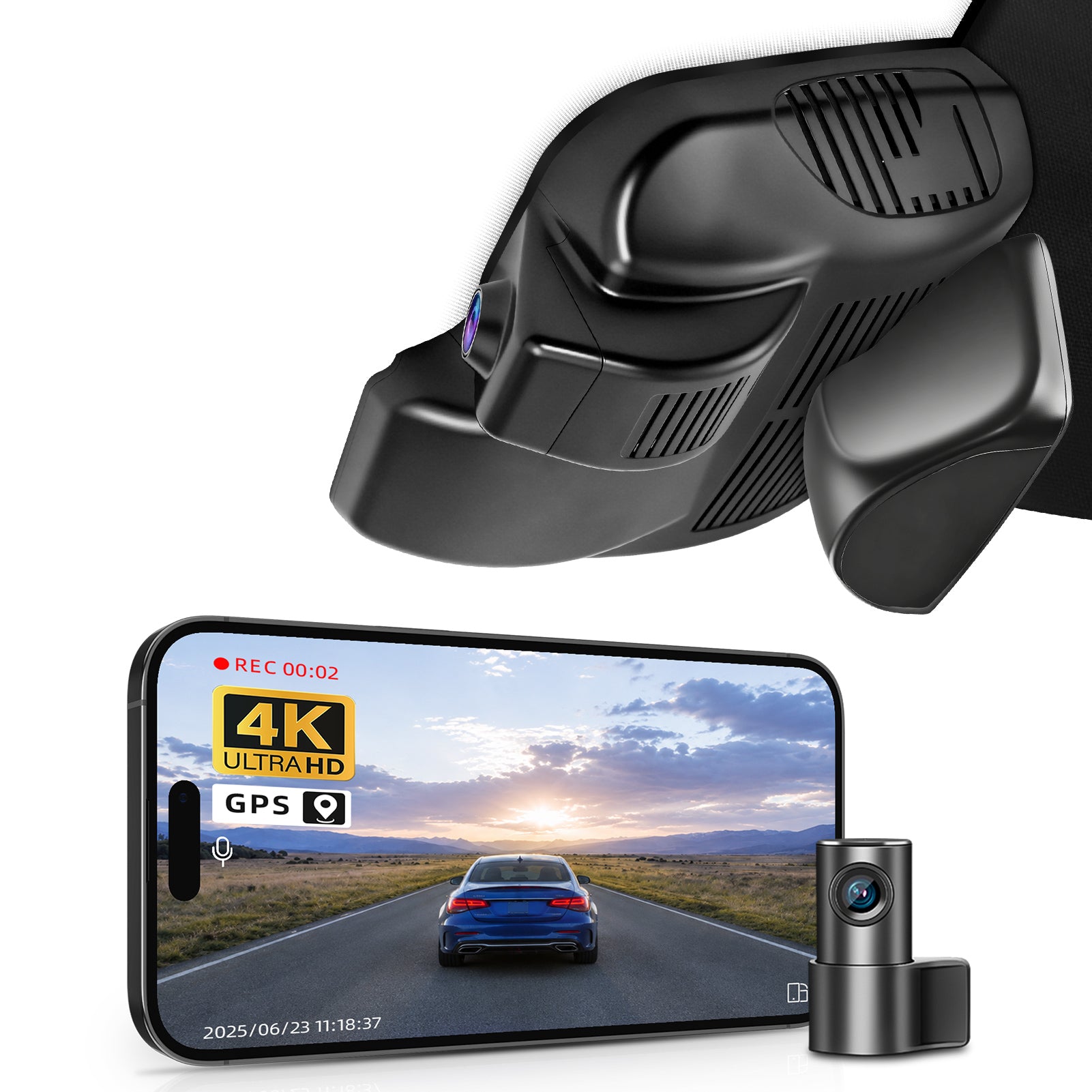 Mangoal 2 channel dash cam with STARVIS sensor, features smartphone app control, front 4K UHD and rear Full HD recording, GPS tracking and Mercedes-Benz GLC Gen2 models in the background.