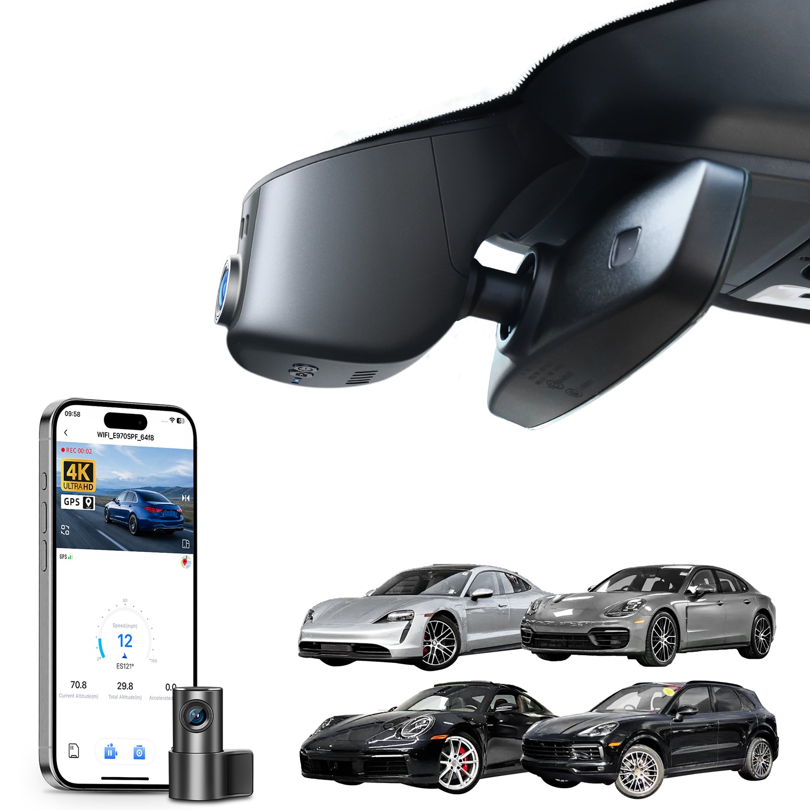 Mangoal 2 channel dash cam with STARVIS sensor, features smartphone app control, front 4K UHD and rear Full HD recording, GPS tracking, and Porsche models in the background.