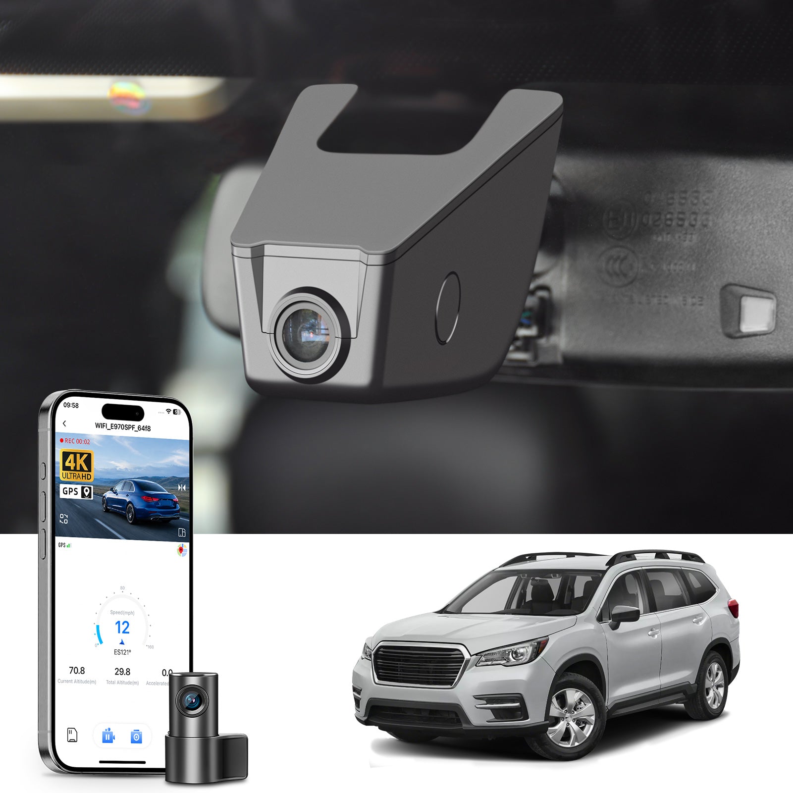 Mangoal 2 channel dash cam with STARVIS sensor, features smartphone app control, front 4K UHD and rear Full HD recording, GPS tracking, and Subaru Ascent in the background.