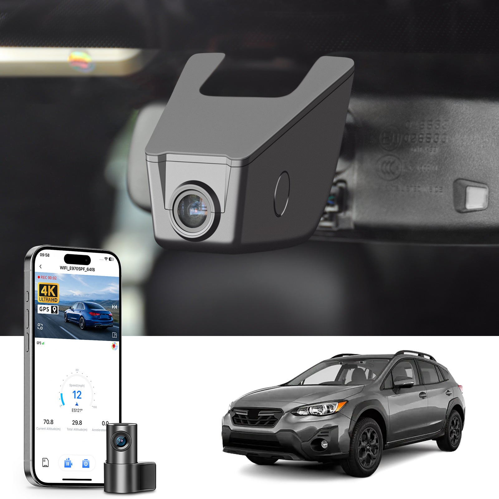Mangoal 2 channel dash cam with STARVIS sensor, features smartphone app control, front 4K UHD and rear Full HD recording, GPS tracking, and Subaru Crosstrek in the background.