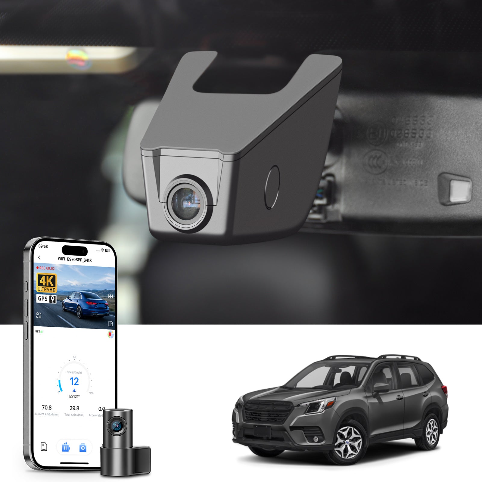 Mangoal 2 channel dash cam with STARVIS sensor, features smartphone app control, front 4K UHD and rear Full HD recording, GPS tracking, and Subaru Forester in the background.