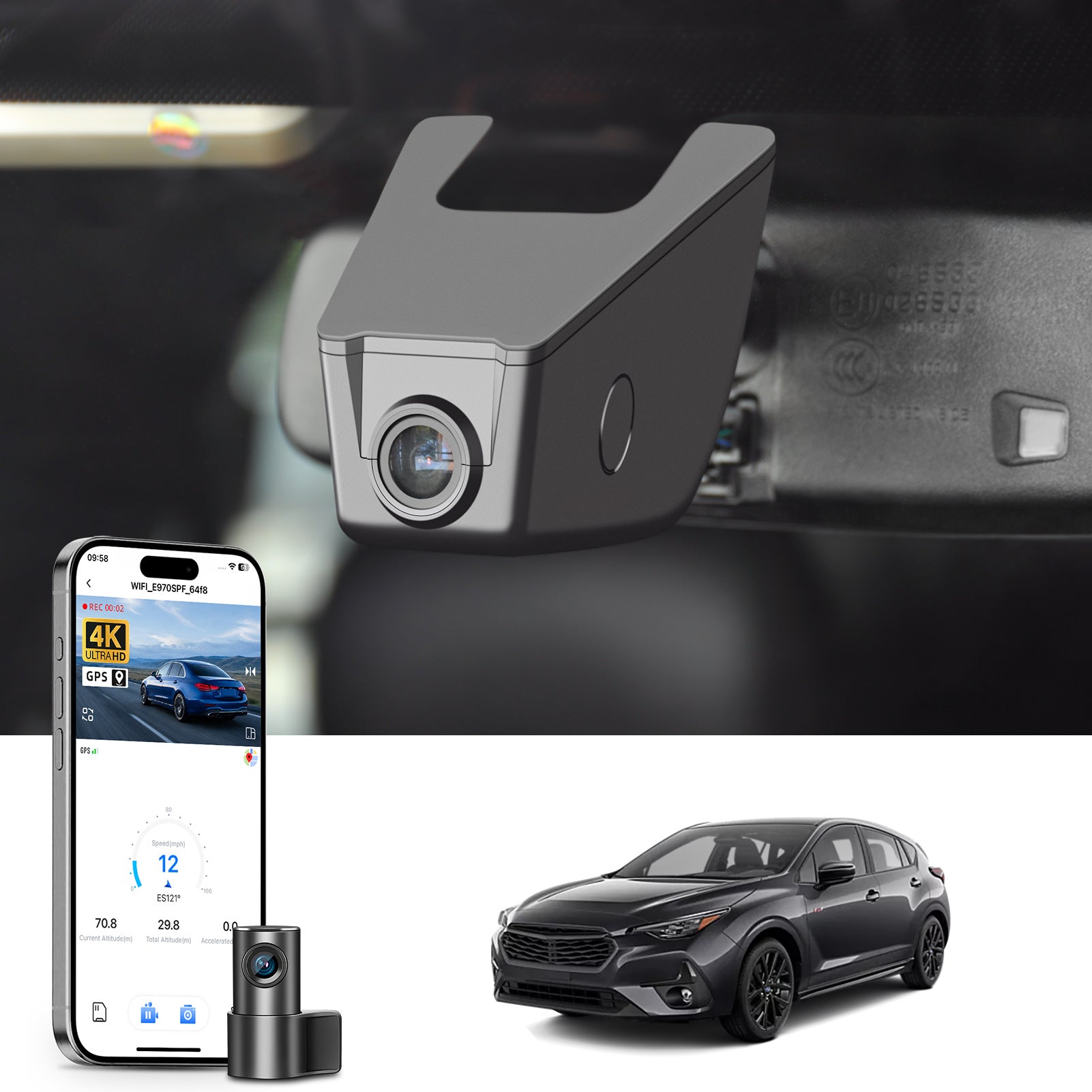 Mangoal 2 channel dash cam with STARVIS sensor, features smartphone app control, front 4K UHD and rear Full HD recording, GPS tracking, and Subaru Impreza in the background.