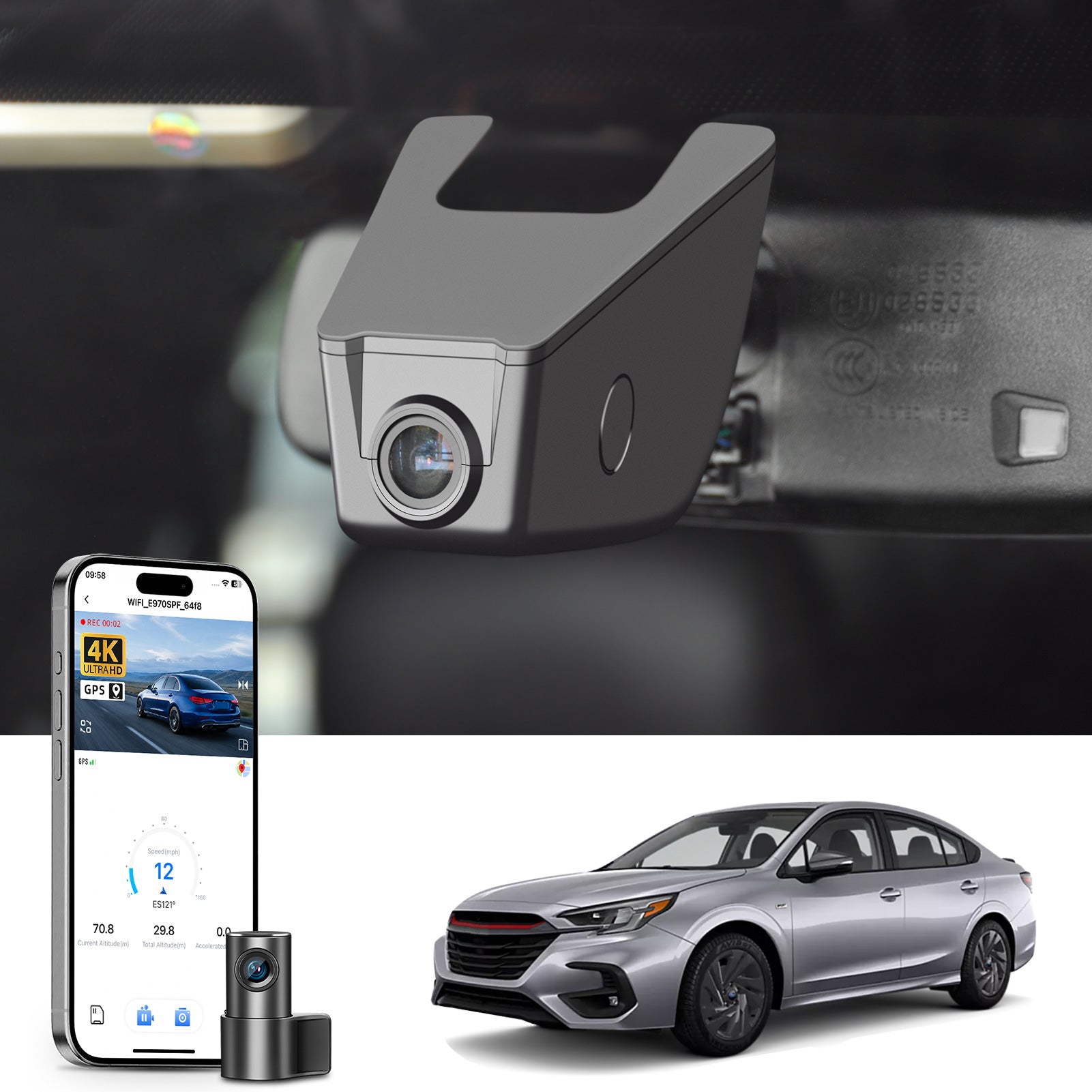 Mangoal 2 channel dash cam with STARVIS sensor, features smartphone app control, front 4K UHD and rear Full HD recording, GPS tracking, and Subaru Legacy in the background.