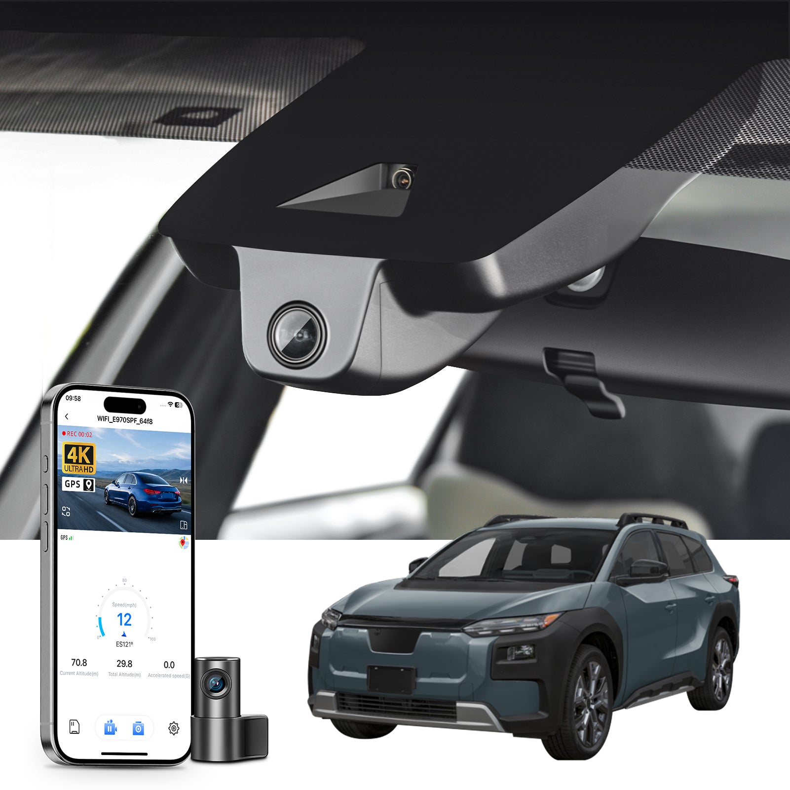 Mangoal 2 channel dash cam with STARVIS sensor, features smartphone app control, front 4K UHD and rear Full HD recording, GPS tracking and Subaru Trailseeker models in the background.