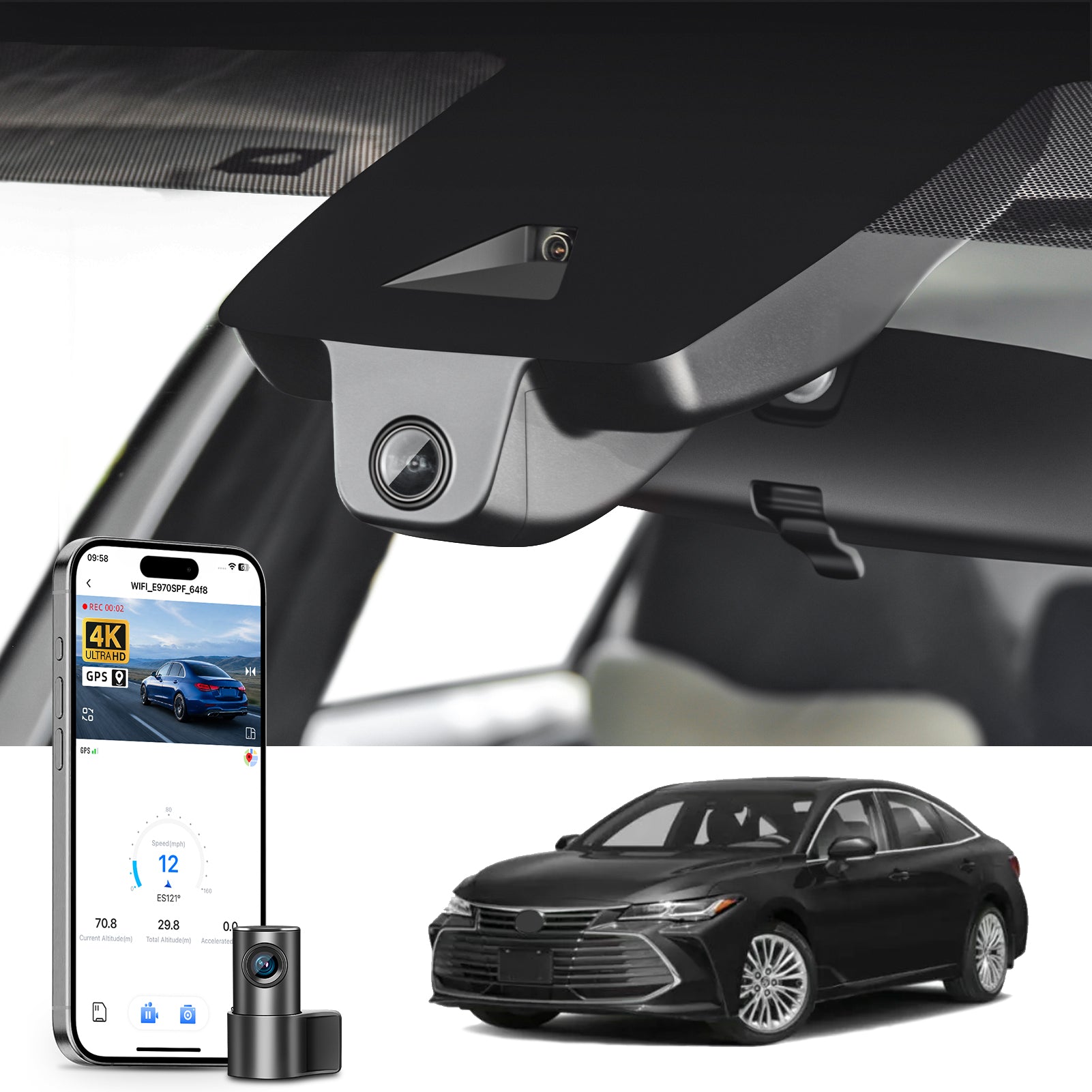 Mangoal 2 channel dash cam with STARVIS sensor, features smartphone app control, front 4K UHD and rear Full HD recording, GPS tracking, and Toyota Avalon in the background.