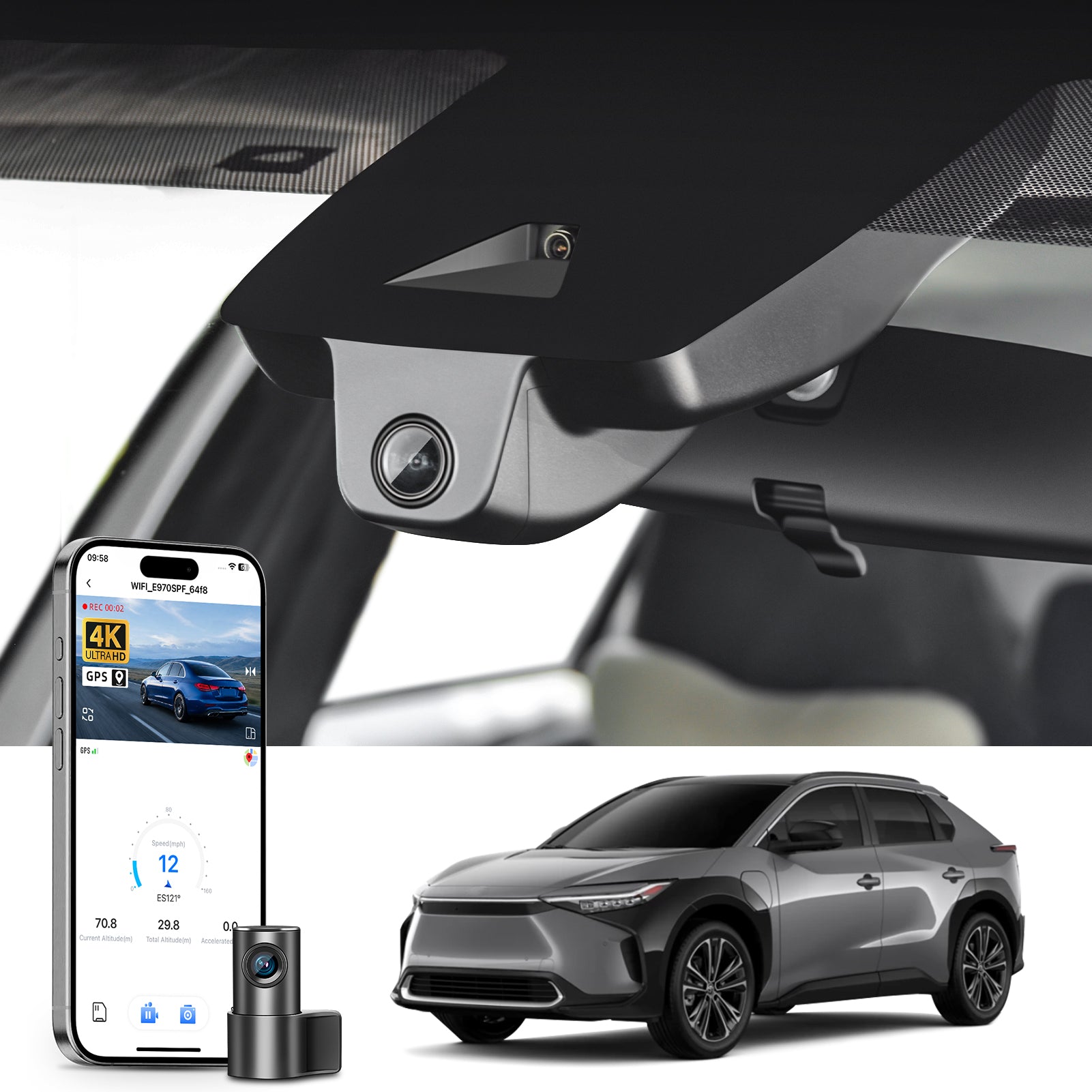 Mangoal 2 channel dash cam with STARVIS sensor, features smartphone app control, front 4K UHD and rear Full HD recording, GPS tracking, and Toyota BZ4X in the background.