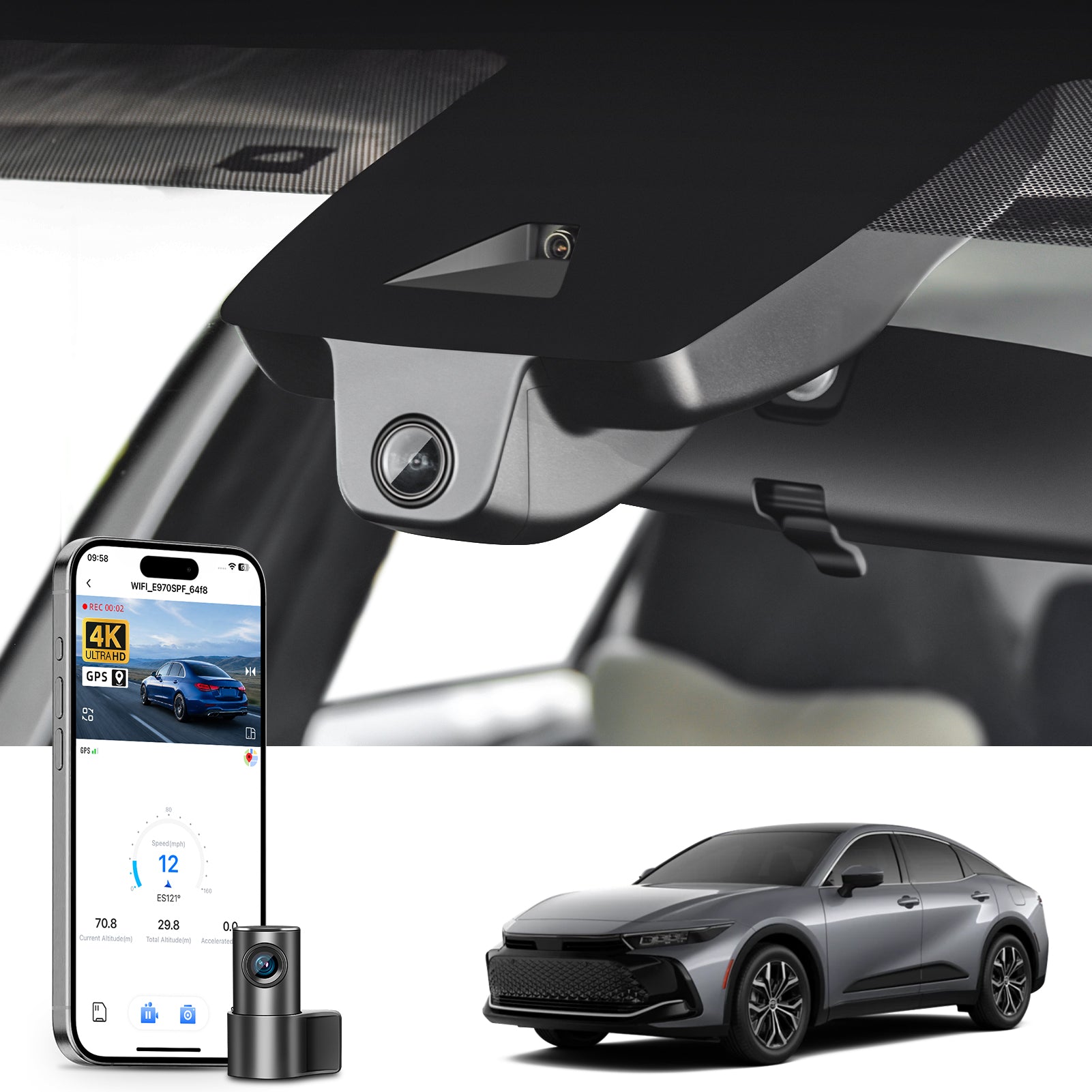 Mangoal 2 channel dash cam with STARVIS sensor, features smartphone app control, front 4K UHD and rear Full HD recording, GPS tracking, and Toyota Crown in the background.