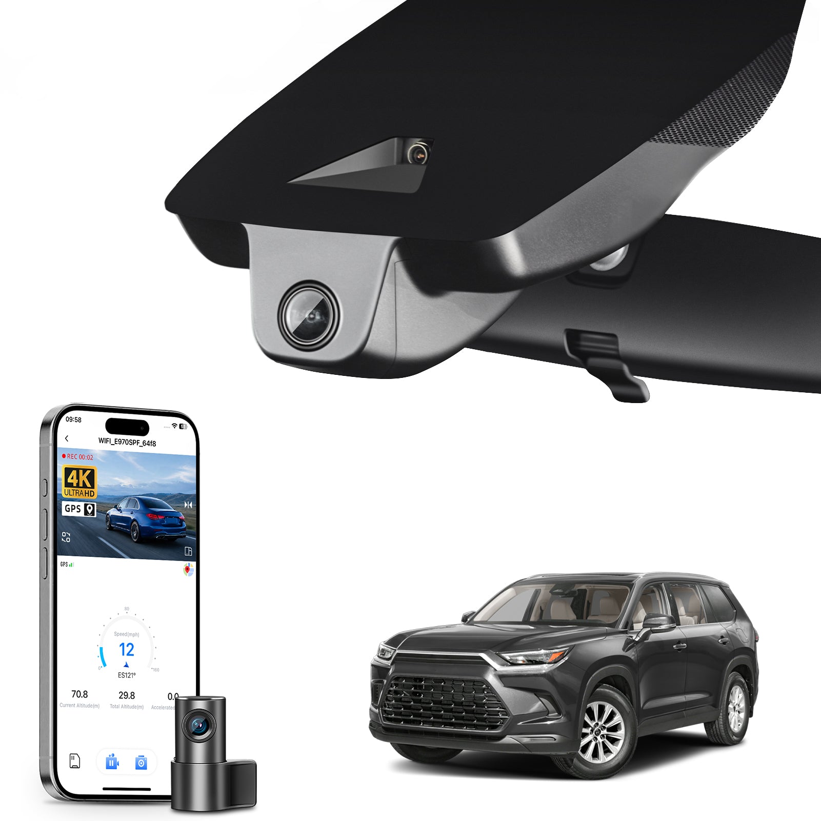 Mangoal 2 channel dash cam with STARVIS sensor, features smartphone app control, front 4K UHD and rear Full HD recording, GPS tracking, and Toyota Grand Highlander in the background.