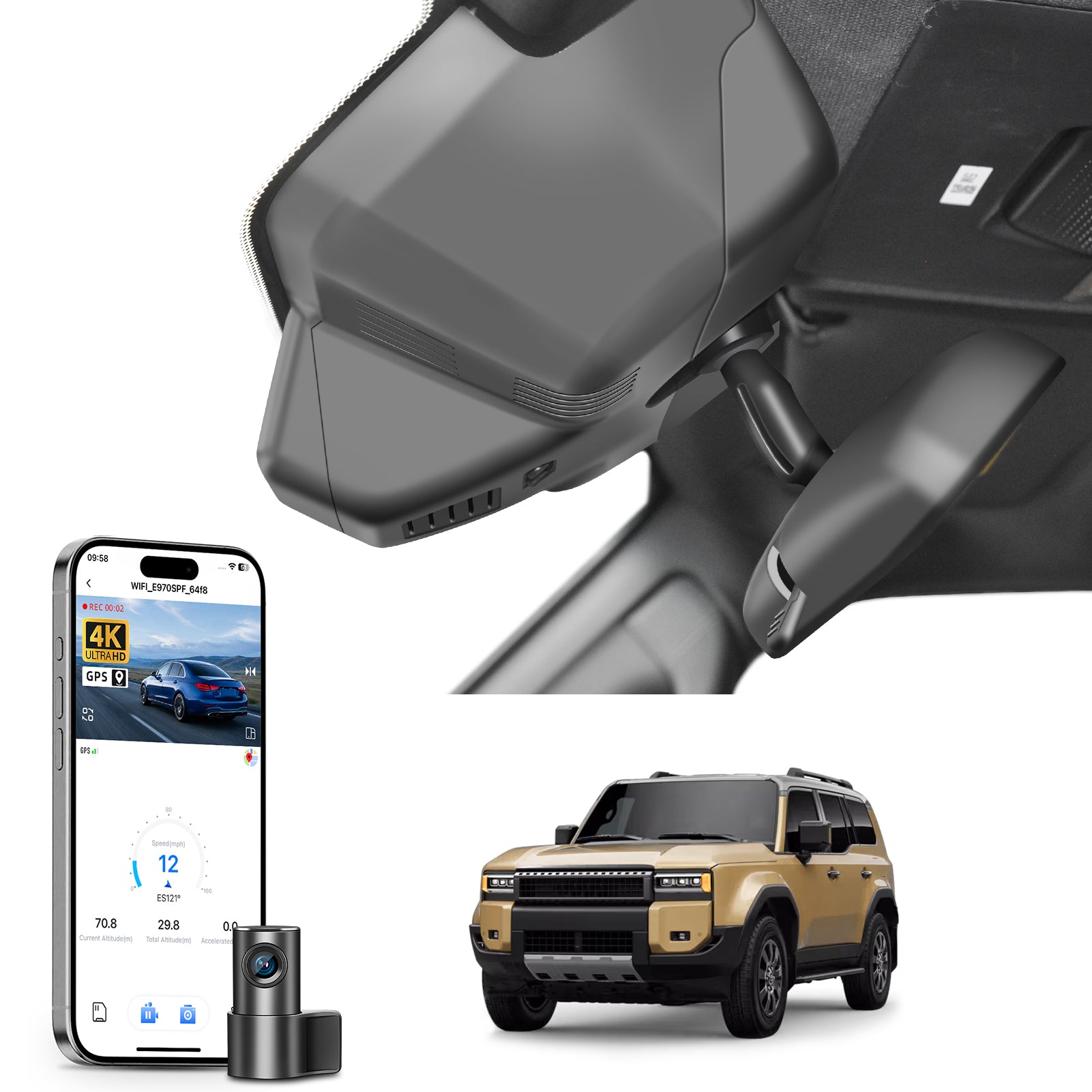 Mangoal 2 channel dash cam with STARVIS sensor, features smartphone app control, front 4K UHD and rear Full HD recording, GPS tracking, and Toyota Land Cruiser in the background.
