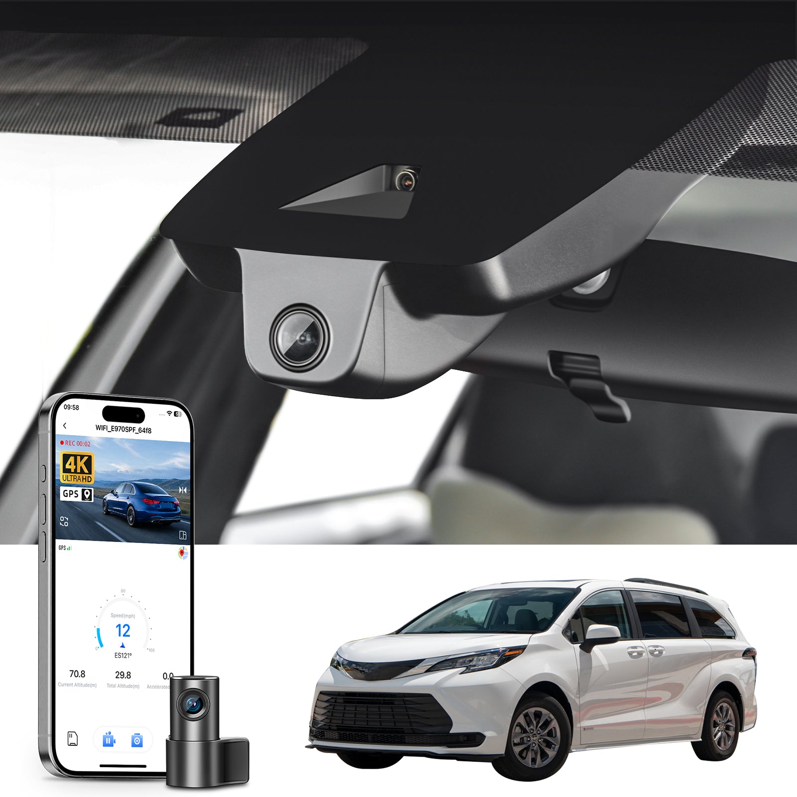 Mangoal 2 channel dash cam with STARVIS sensor, features smartphone app control, front 4K UHD and rear Full HD recording, GPS tracking, and Toyota Sienna in the background.