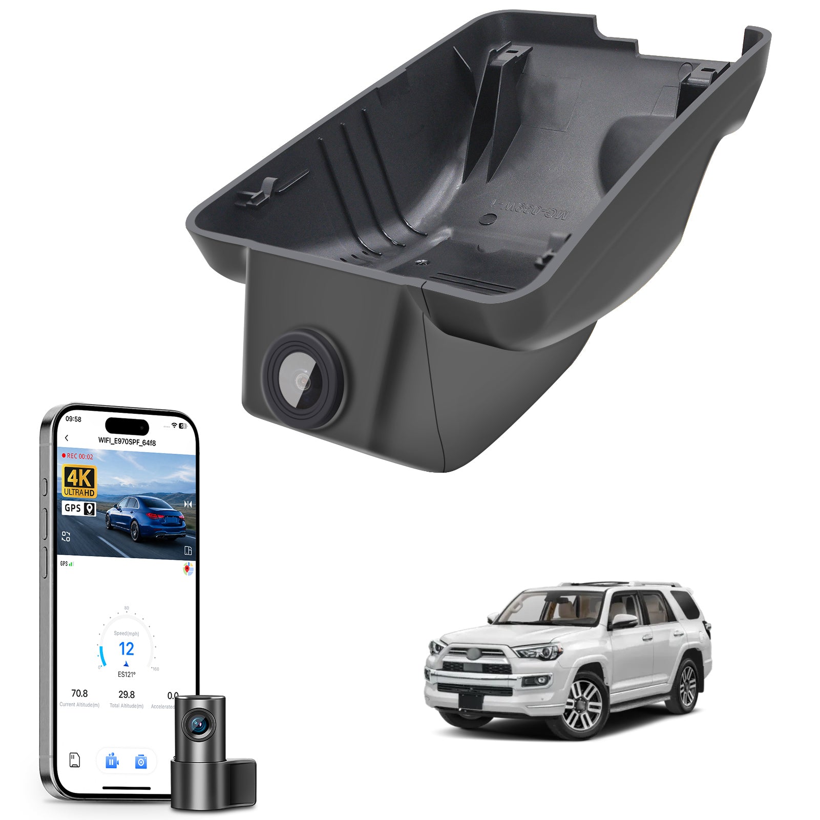 Mangoal 2 channel dash cam with STARVIS sensor, features smartphone app control, front 4K UHD and rear Full HD recording, GPS tracking, and Toyota 4Runner in the background.