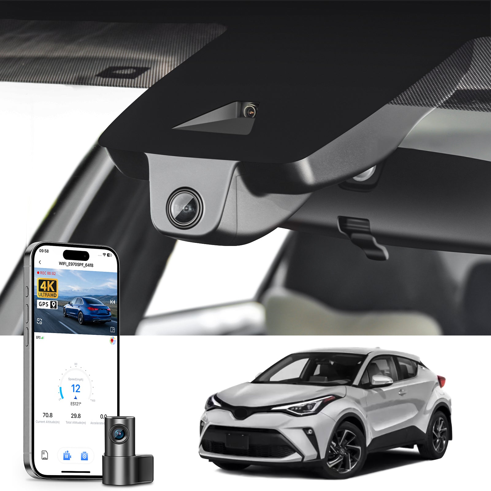 Mangoal 2 channel dash cam with STARVIS sensor, features smartphone app control, front 4K UHD and rear Full HD recording, GPS tracking, and Toyota C-HR in the background.