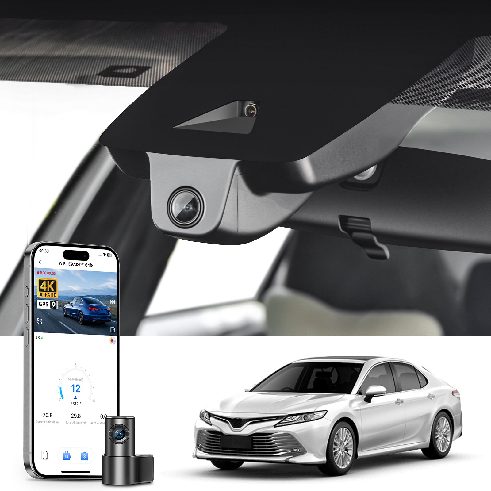 Mangoal 2 channel dash cam with STARVIS sensor, features smartphone app control, front 4K UHD and rear Full HD recording, GPS tracking, and Toyota Camry in the background.