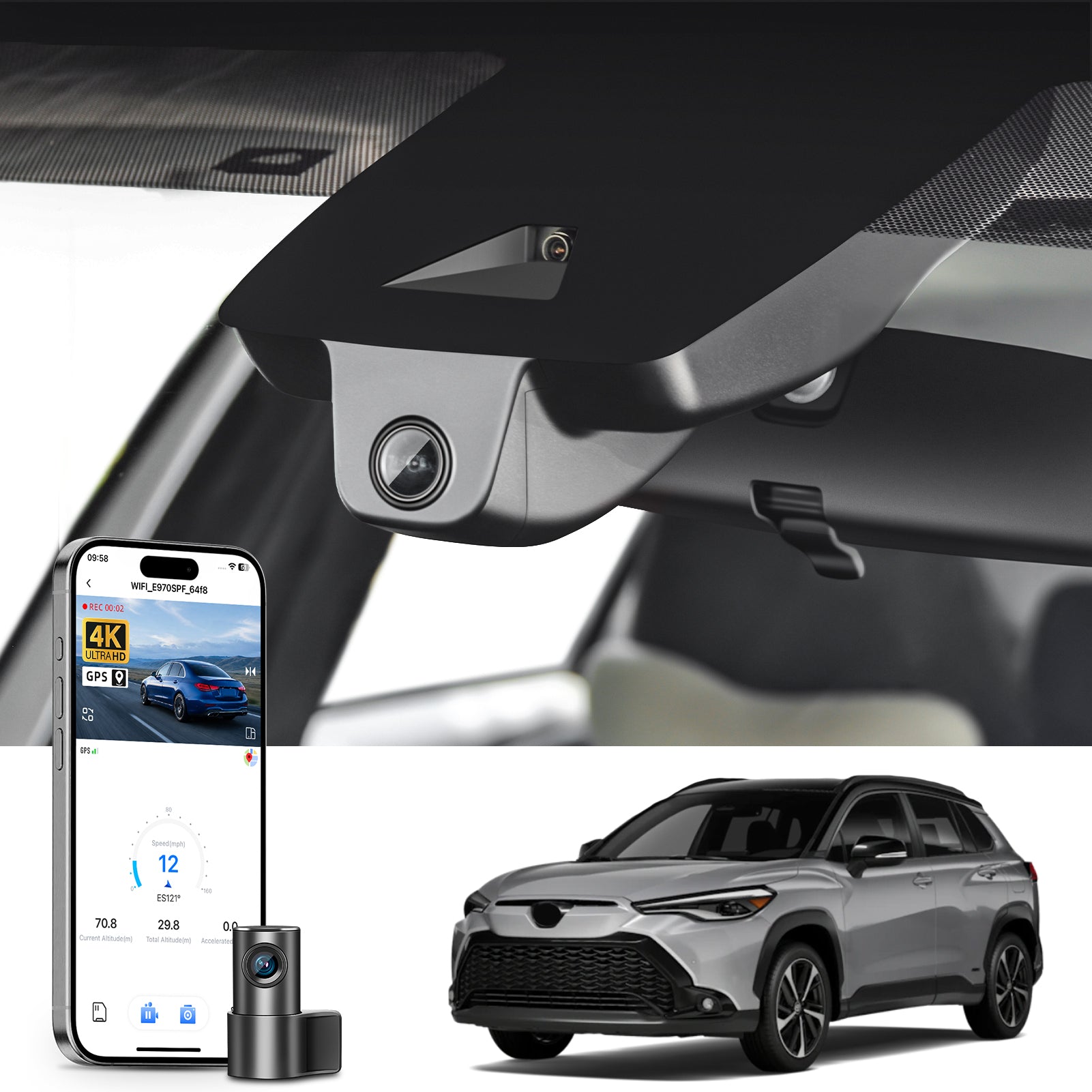 Mangoal 2 channel dash cam with STARVIS sensor, features smartphone app control, front 4K UHD and rear Full HD recording, GPS tracking, and Toyota Corolla Cross in the background.