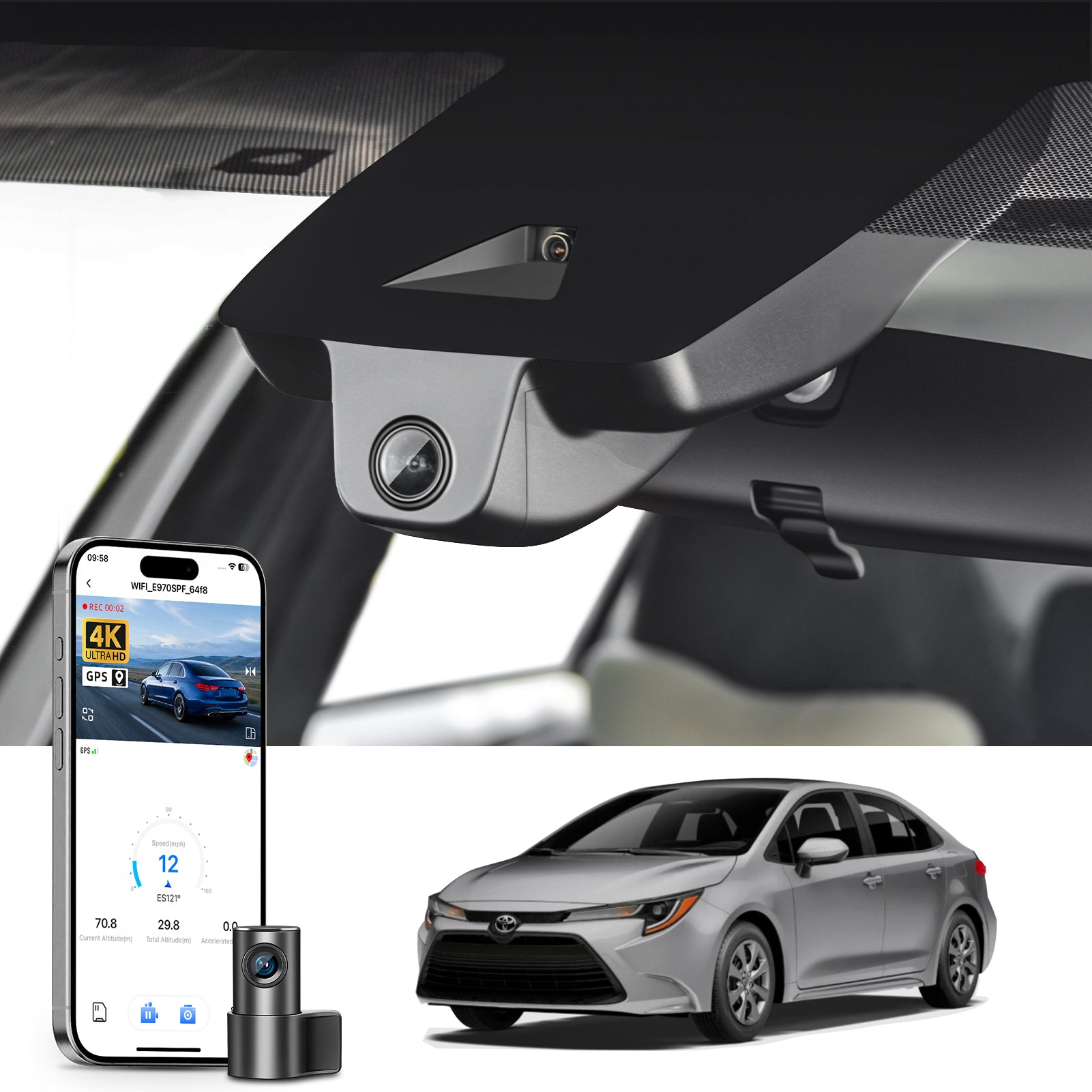 Mangoal 2 channel dash cam with STARVIS sensor, features smartphone app control, front 4K UHD and rear Full HD recording, GPS tracking, and Toyota Corolla in the background.