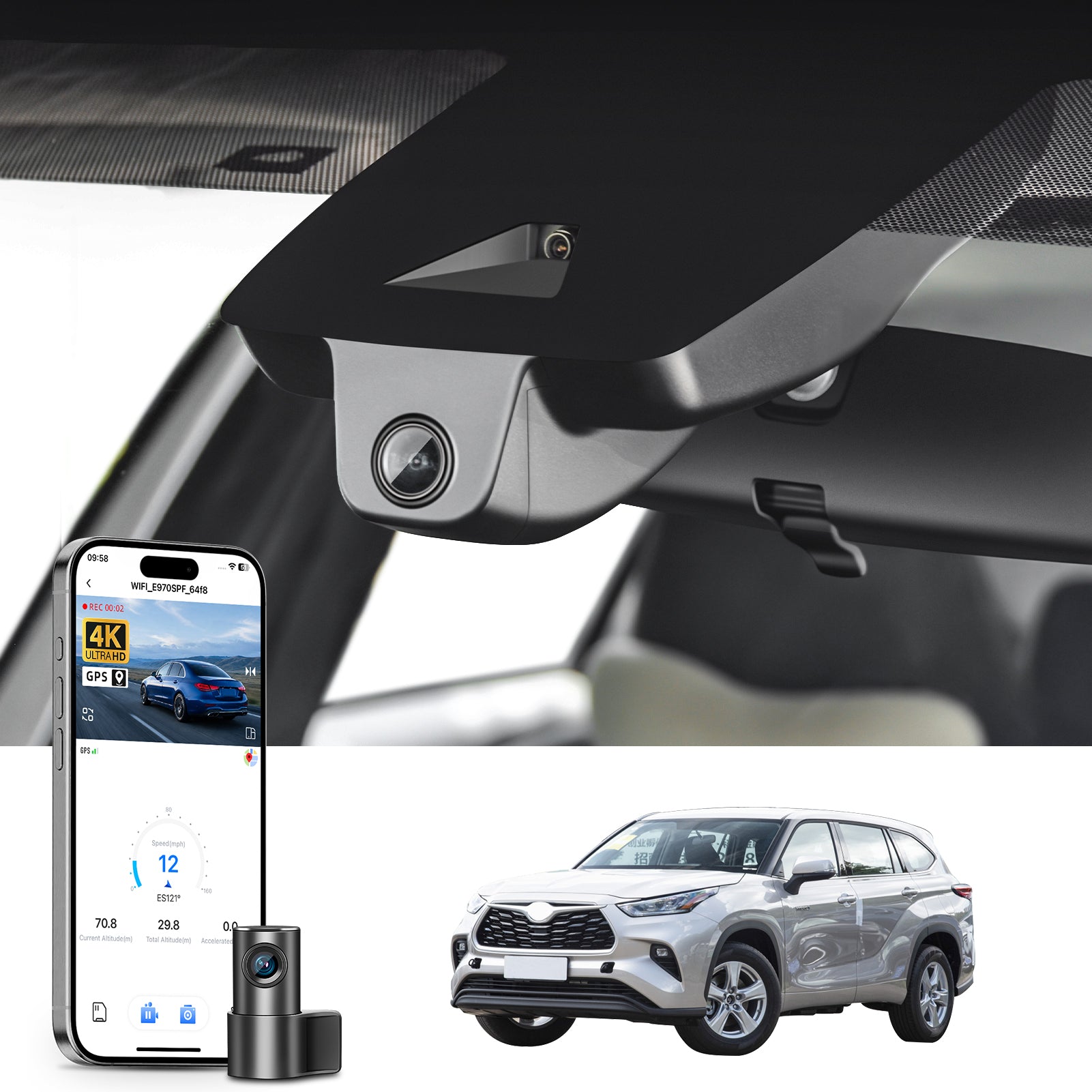 Mangoal 2 channel dash cam with STARVIS sensor, features smartphone app control, front 4K UHD and rear Full HD recording, GPS tracking, and Toyota Highlander in the background.
