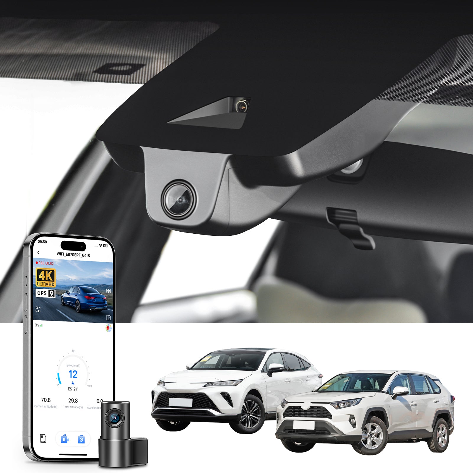 Mangoal 2 channel dash cam with STARVIS sensor, features smartphone app control, front 4K UHD and rear Full HD recording, GPS tracking, and Toyota RAV4 in the background.