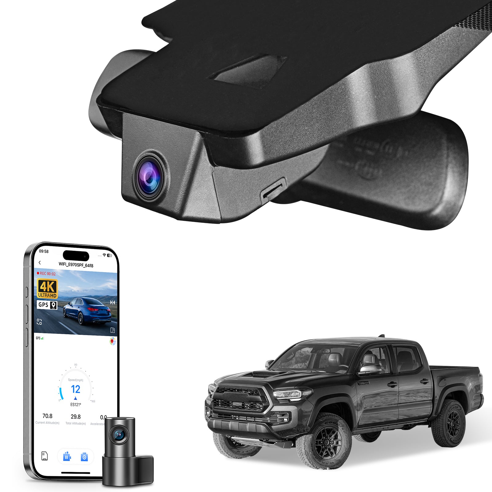 Mangoal 2 channel dash cam with STARVIS sensor, features smartphone app control, front 4K UHD and rear Full HD recording, GPS tracking, and Toyota Tacoma in the background.