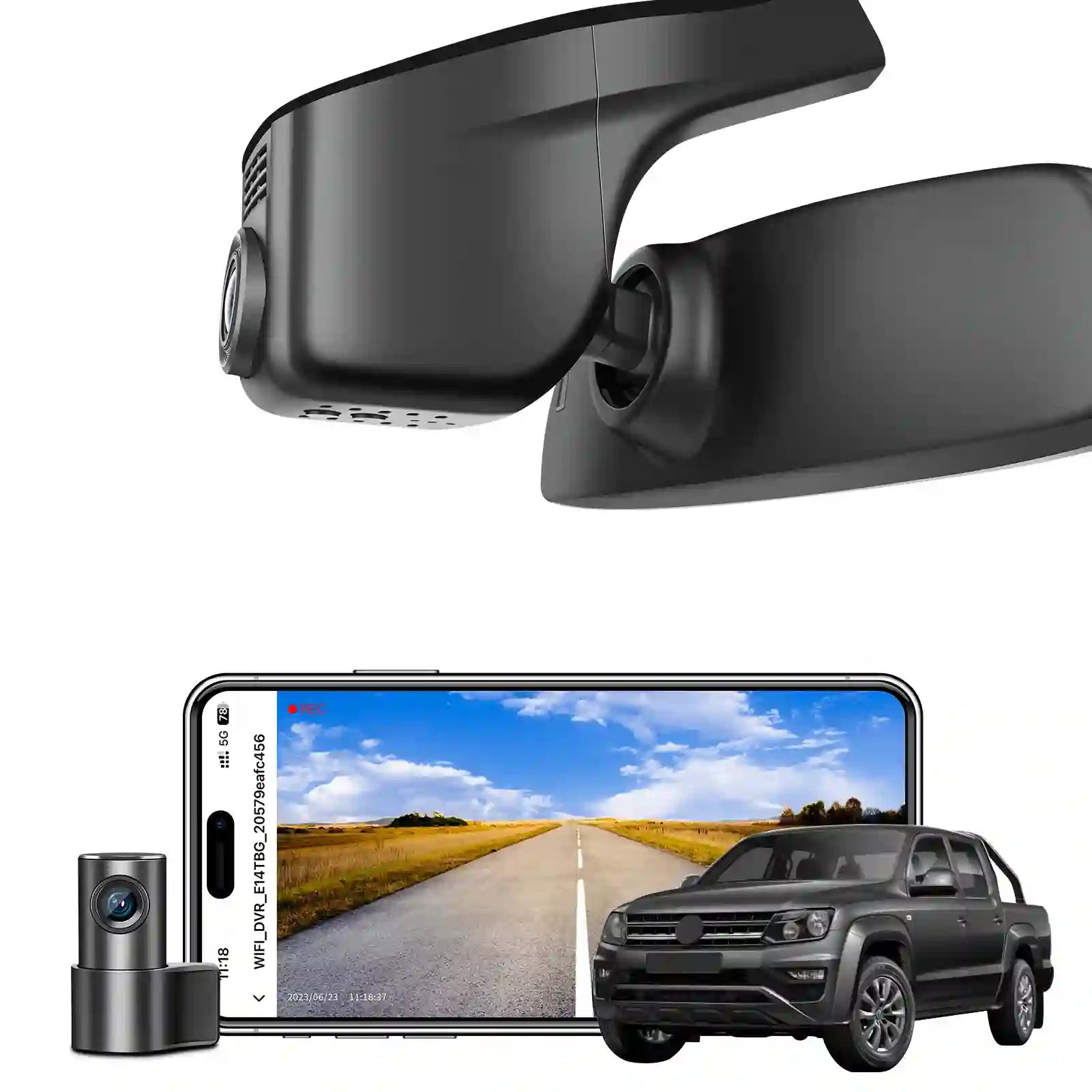 Mangoal 2 channel dash cam with STARVIS sensor, features smartphone app control, front 4K UHD and rear Full HD recording, GPS tracking, and Volkswagen Amarok Black in the background.