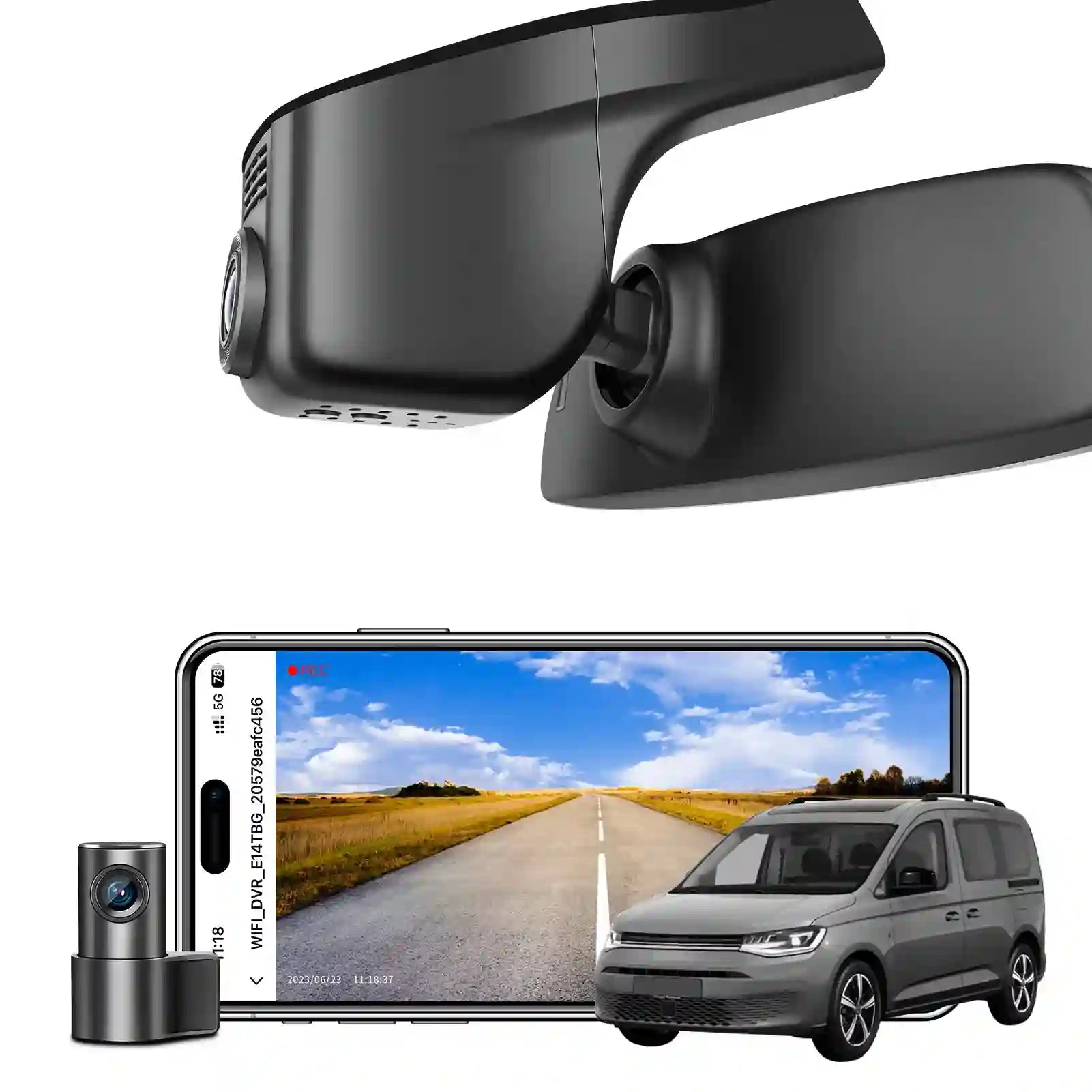 Mangoal 2 channel dash cam with STARVIS sensor, features smartphone app control, front 4K UHD and rear Full HD recording, GPS tracking, and Volkswagen Caddy in the background.